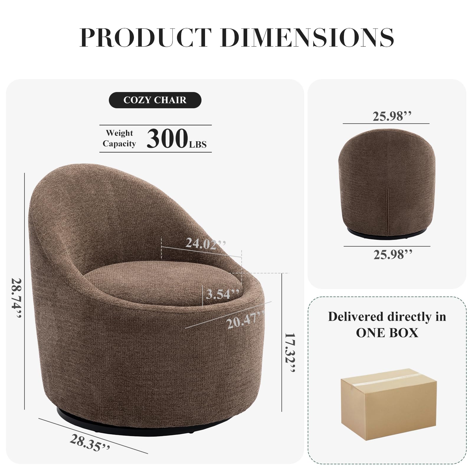 COLAMY Modern Swivel Accent Chair with Hidden Storage, 360° Barrel Swivel Chair, Small Swivel Armchair for Living Room/Bedroom, Brown, Textile Material