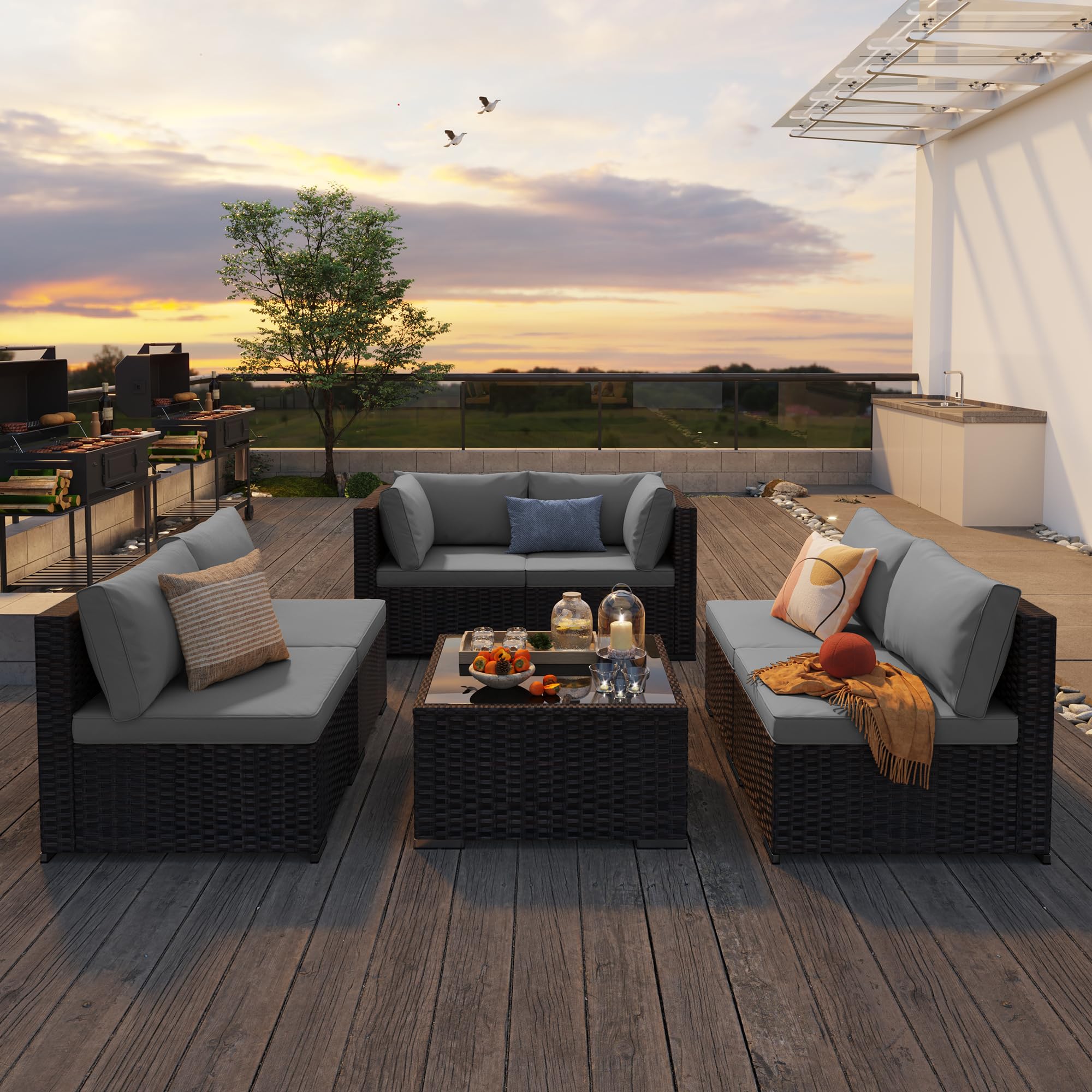 7-Piece Outdoor Sectional Rattan Sofa Set with Glass Coffee Table