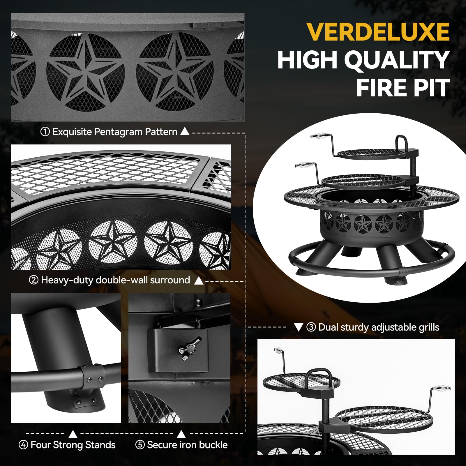 47 Inch Outdoor Fire Pit with 2 Grills and Lid