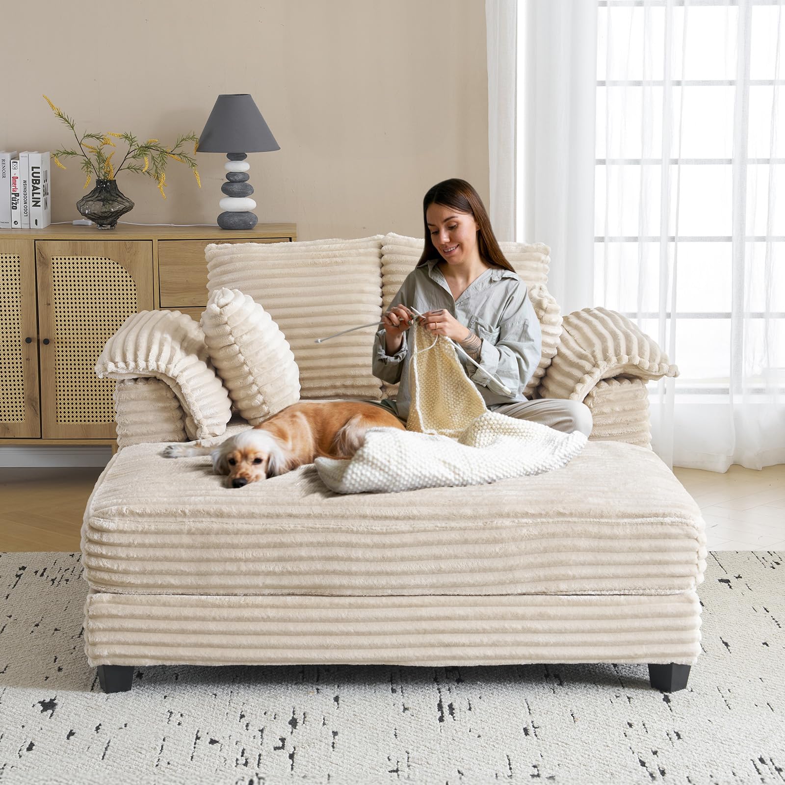 56" Oversized Chaise Lounge Chair - Beige Corduroy Sleeper Sofa