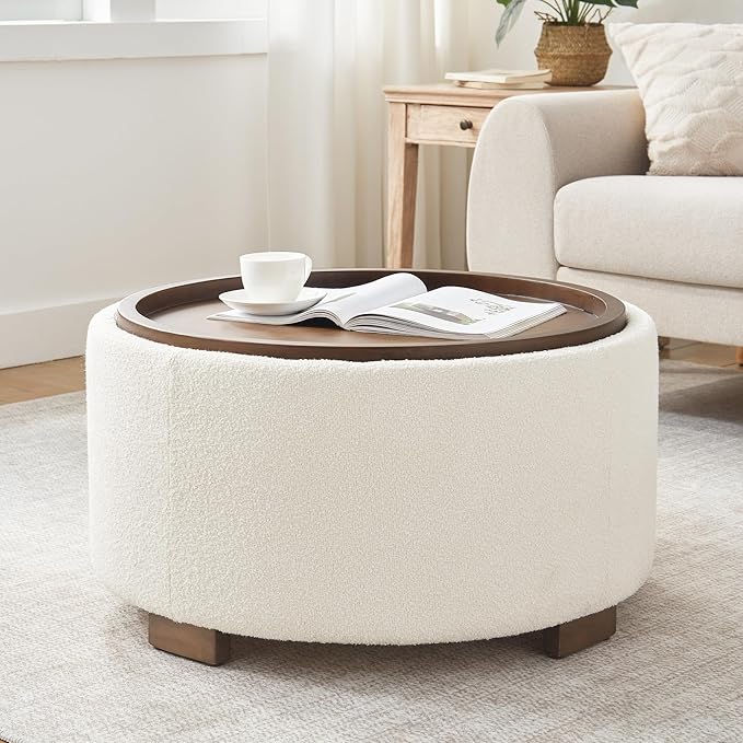 30 Inch Round Storage Ottoman Coffee Table with Lift-Off Lid