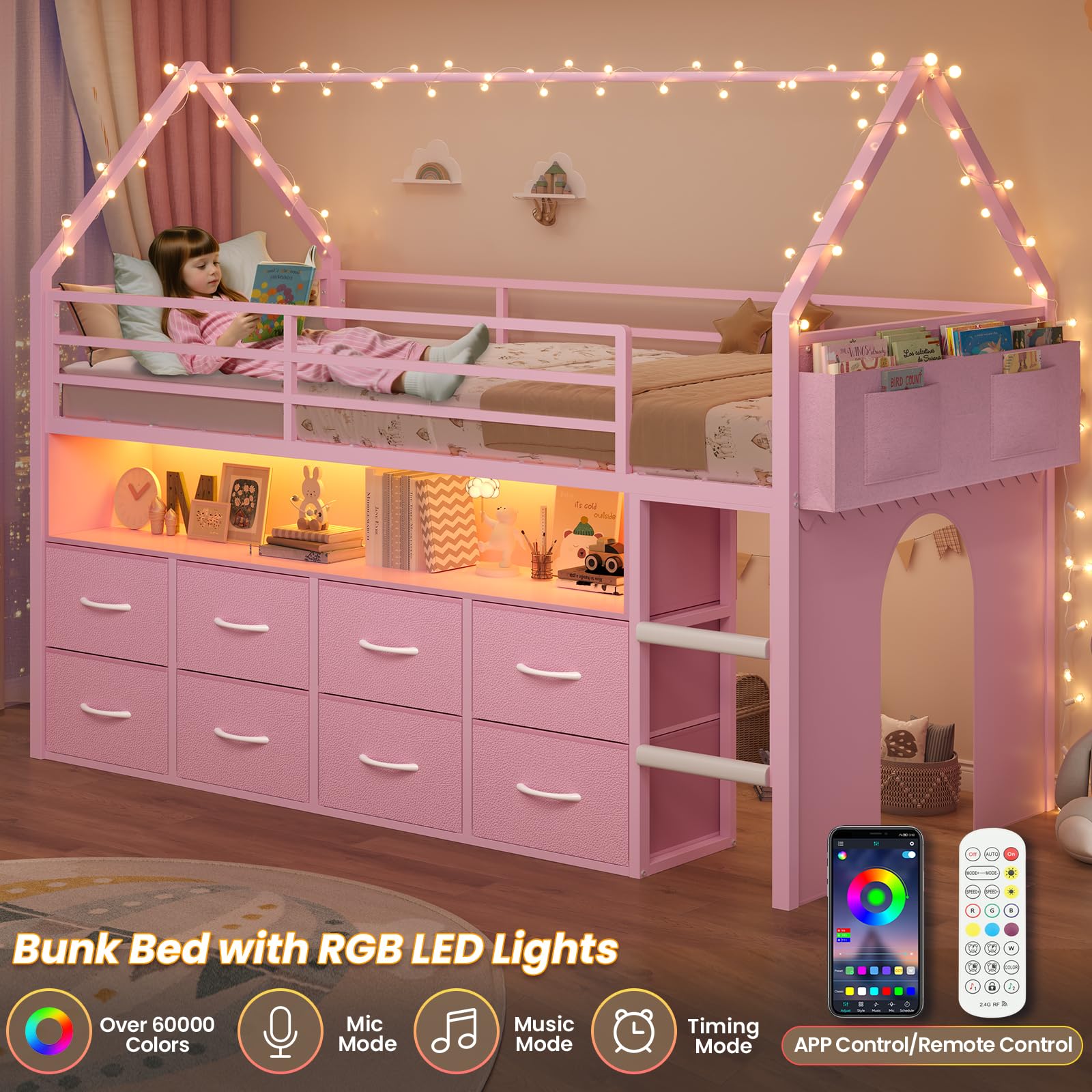 BTHFST Twin Size Loft Bed for Kids, 8 Storage Drawers & LED Lights, House Shaped Metal Bed with Bookcase, Soft Foam Ladder, 13.4" Safety Guardrail, Space Saving, Fun Curtain
