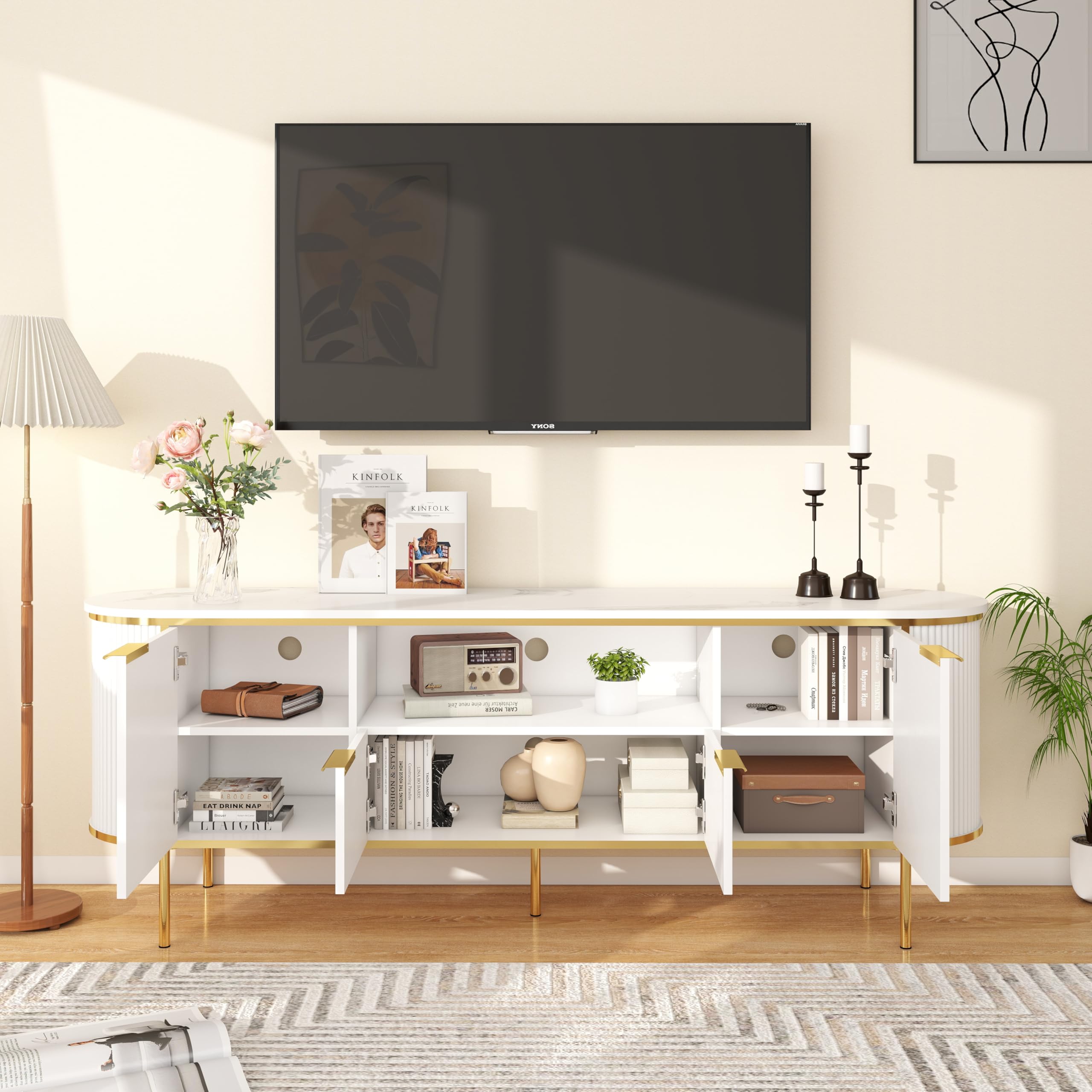 70" White Fluted TV Stand with Faux Marble Top