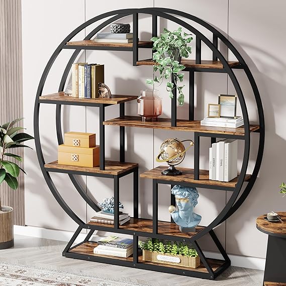 63 Inch Round Industrial Bookshelf with Staggered Shelves