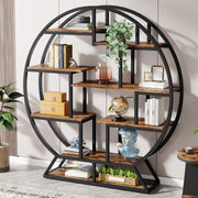 63 Inch Round Industrial Bookshelf with Staggered Shelves