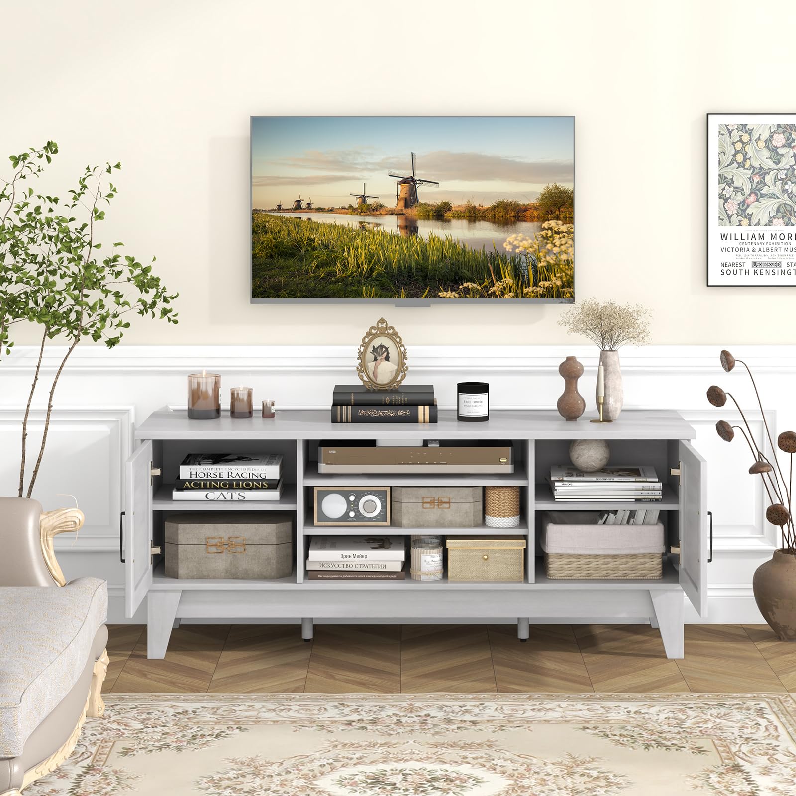 Farmhouse TV Stand for 65 Inch TVs with Barn Door Cabinets