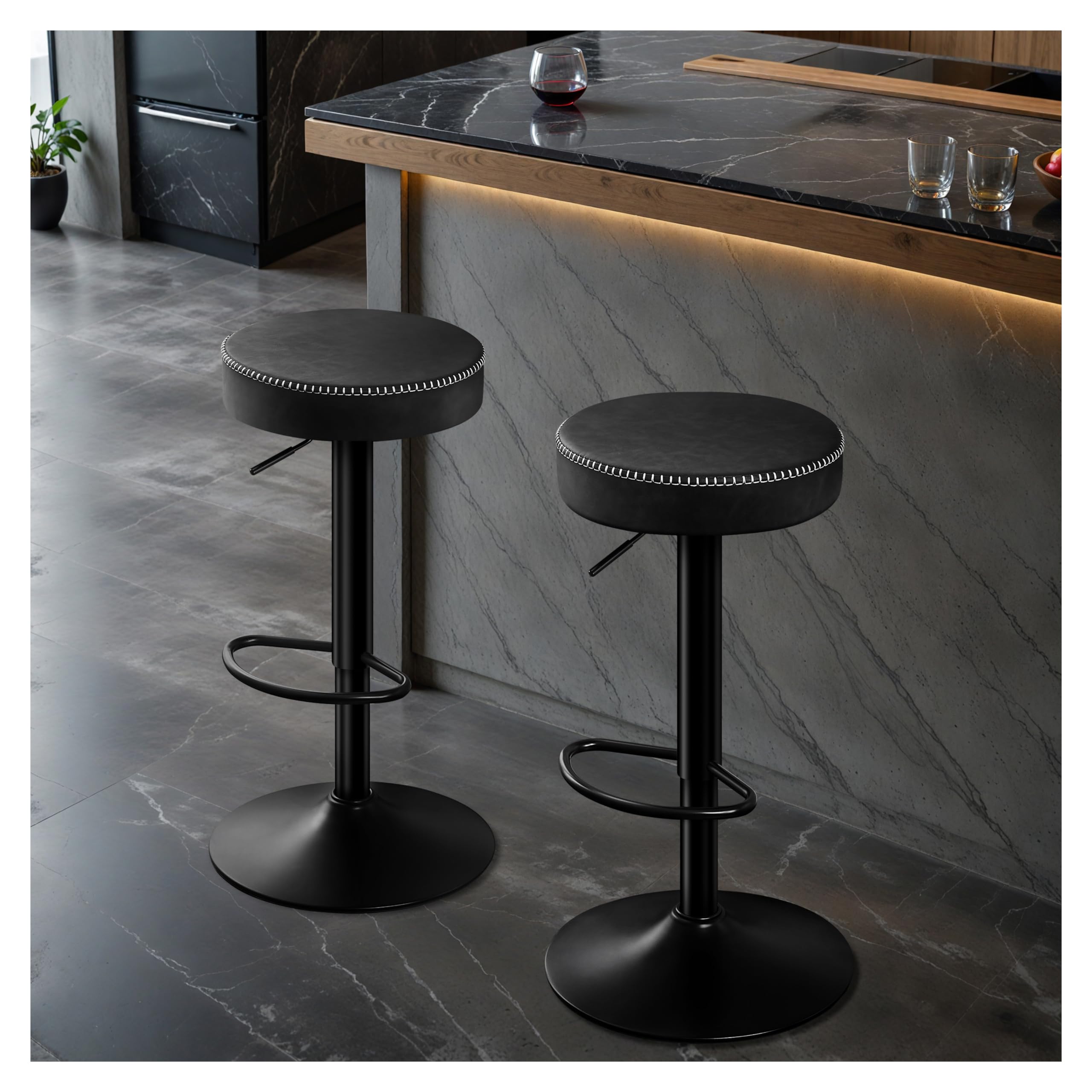 STOOLINK Swivel Bar Stools Set of 2 Black Microfiber Leather Counter Height Bar Stools with Round Seat Adjustable Backless Barstools Modern Tall Bar Chairs for Kitchen Island (24-33 Inch,330lbs)