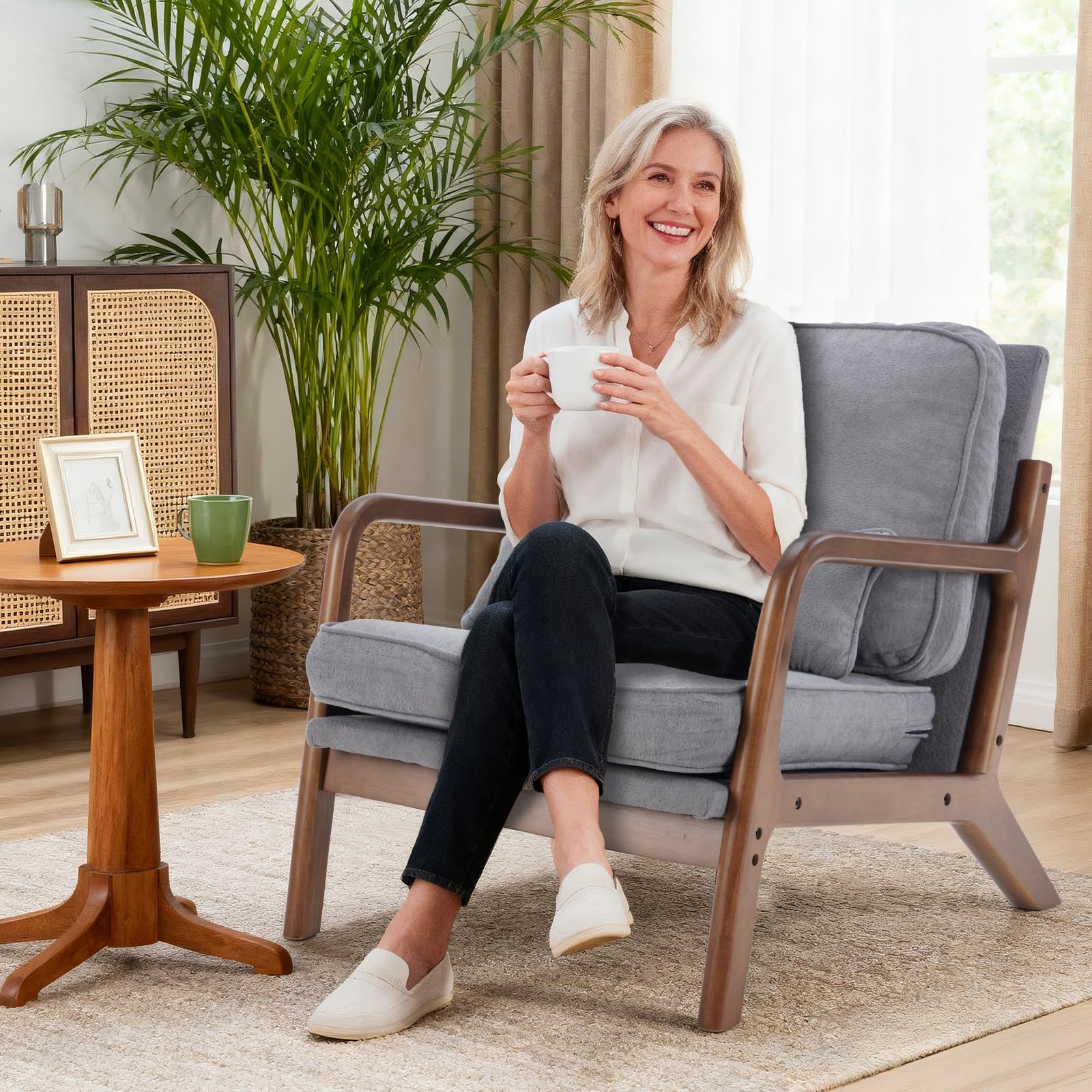 DUMOS Mid Century Accent Chair, Modern Living Room Chair with Arms and Waist Cushion, Reading Chairs for Adults, Lounge Chair for Bedroom, Solid Wooden Frame,Classic Grey