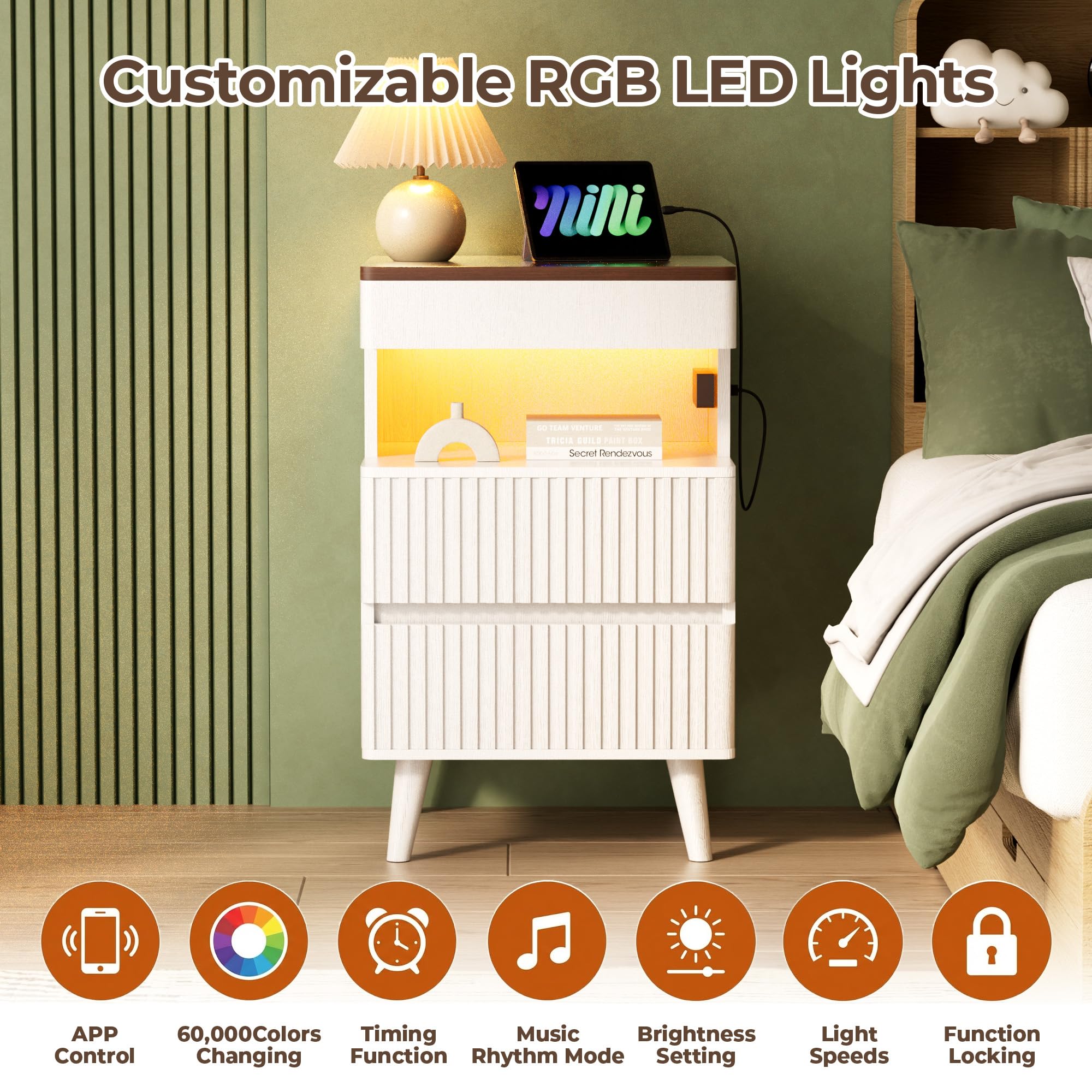 Tall Fluted Nightstand with Charging Station and LED Light