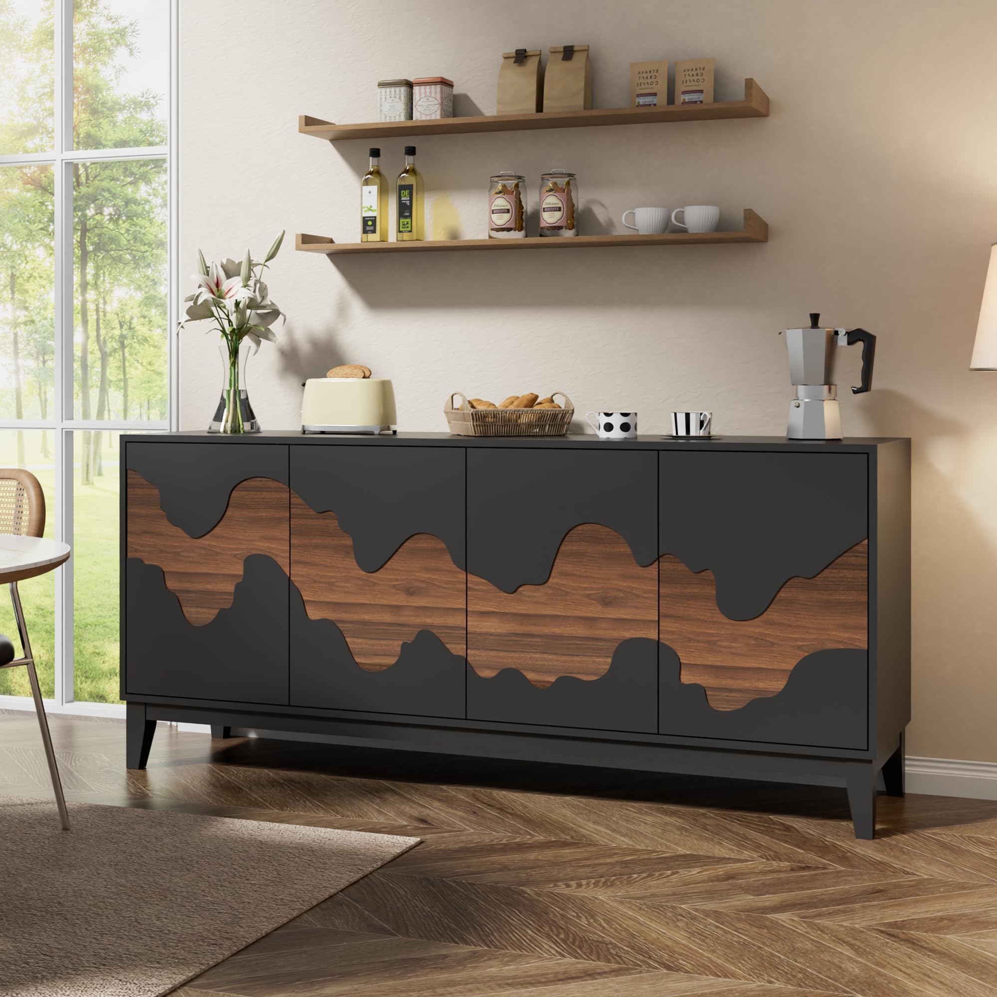 Modern 4-Door Sideboard Buffet Cabinet with Water Stream Pattern