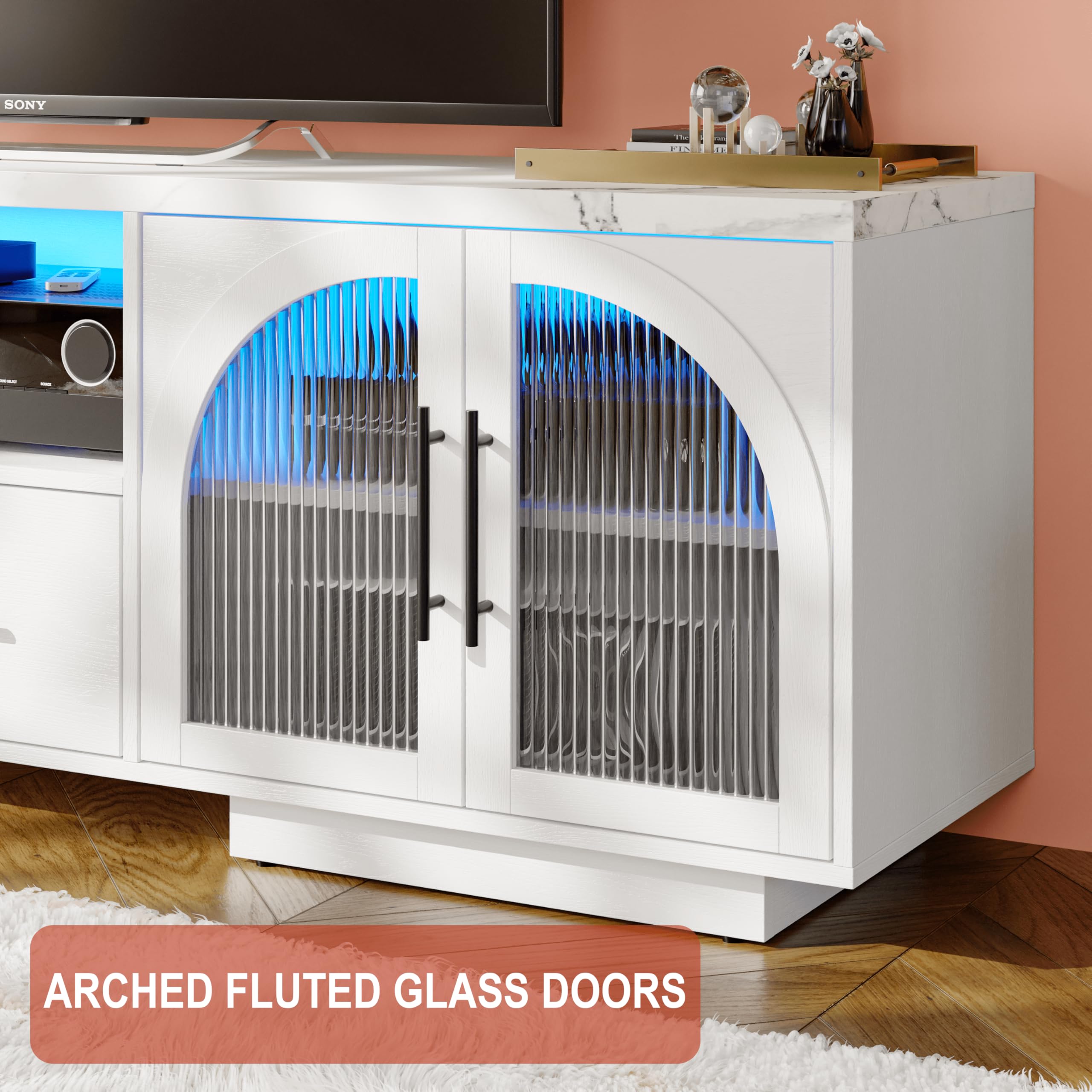 70" TV Stand with LED Lights and Arched Glass Doors