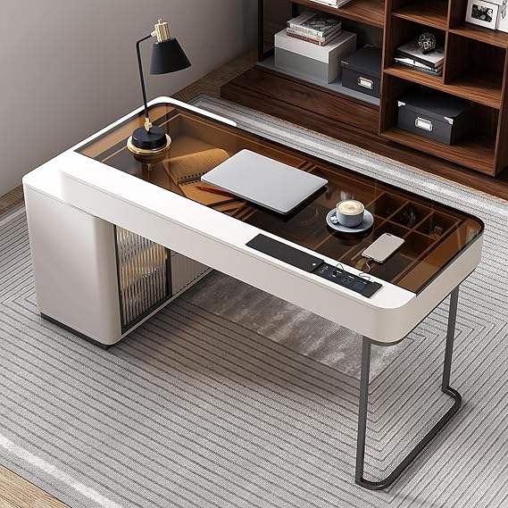 Modern Computer Desk with Retractable Cabinet and LED Lights