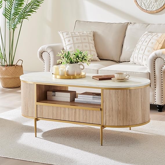 Modern Luxury Fluted Coffee Table 48" Oval with Drawer