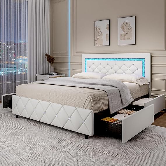Queen LED Bed Frame with Storage Drawers