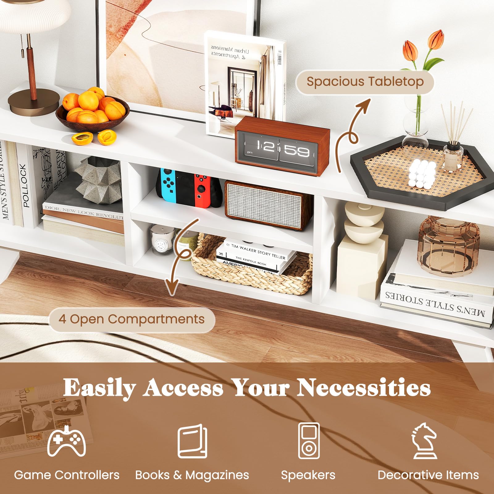 White TV Stand for 55 Inch TVs with 4 Open Compartments