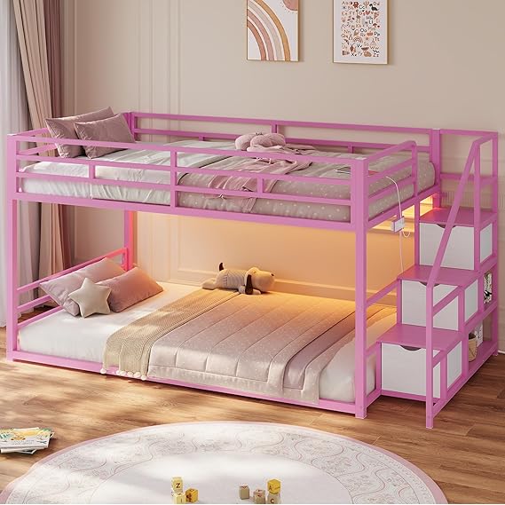 Low Bunk Bed Twin Over Twin with Storage Staircase and RGB LED Lights