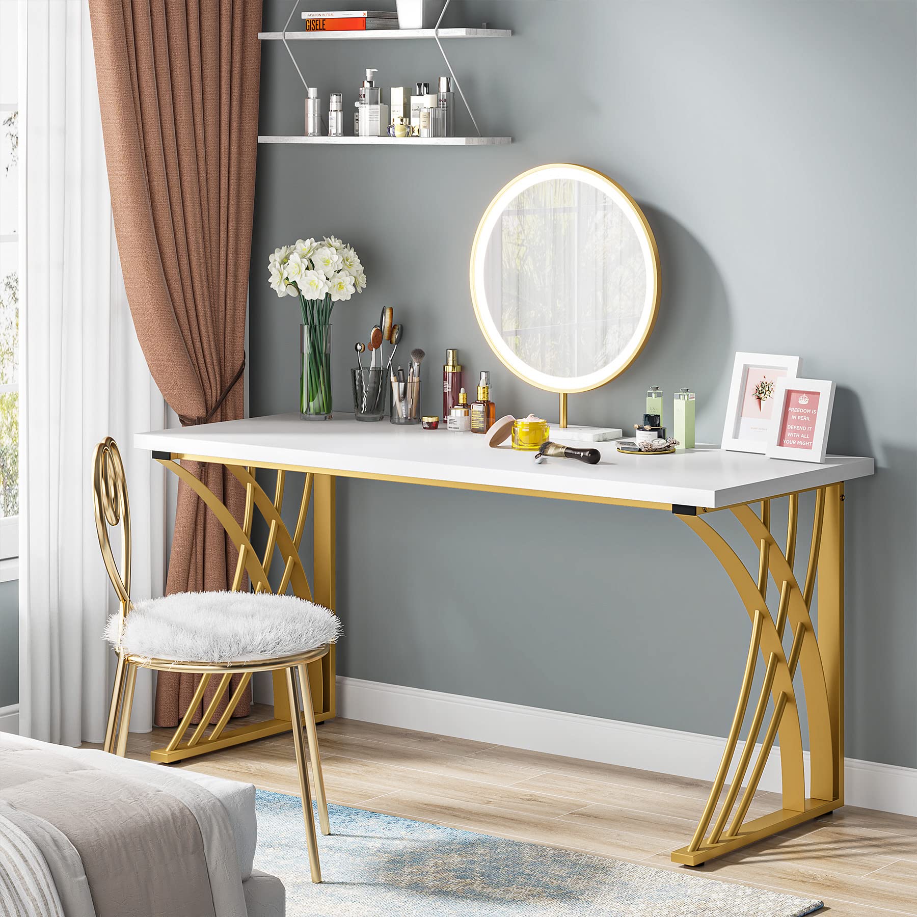 55" Modern Computer Desk White & Gold