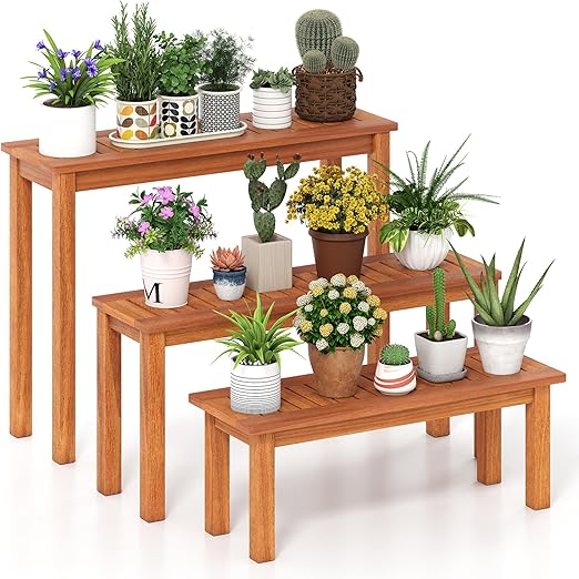 Wooden Plant Stand Set of 2 Outdoor Indoor Solid Wood Flower Pot Holder