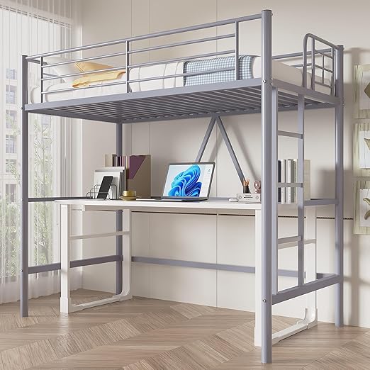 Twin Metal Loft Bed with Ladder and Safety Guardrail