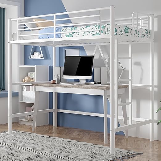 Twin Metal Loft Bed with Ladder and Safety Guardrail