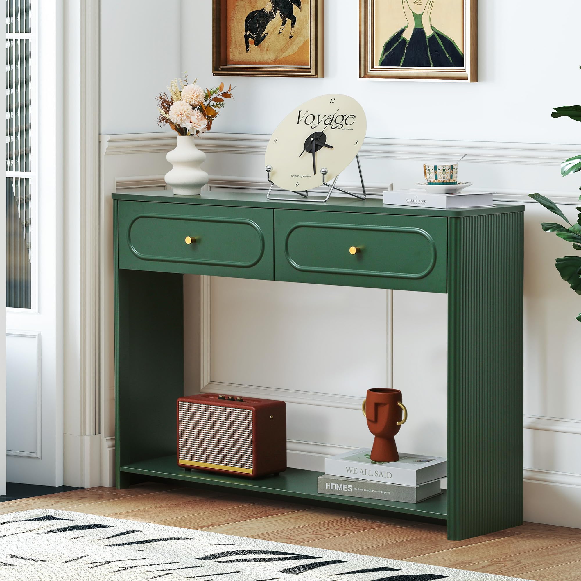 Fluted Console Table with Drawers and Storage Shelves
