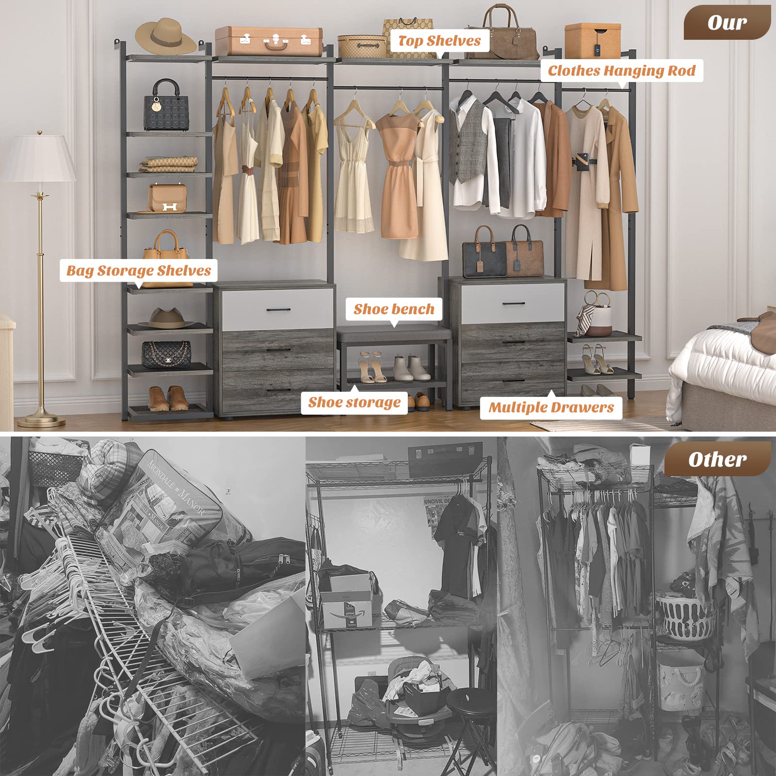 8FT Closet Organizer System with 6 Drawers