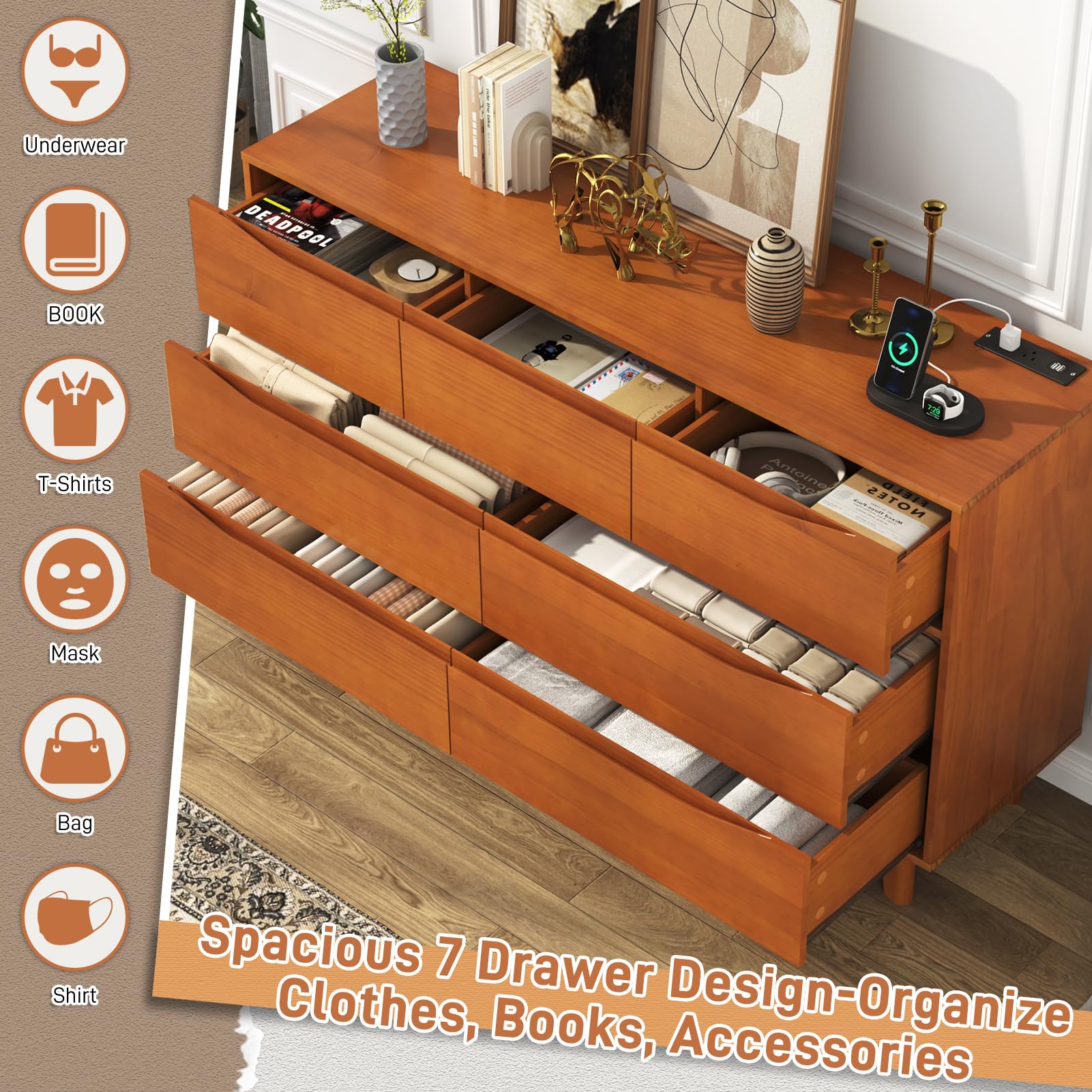 55 Inch Solid Wood 7 Drawer Dresser with Power Outlets