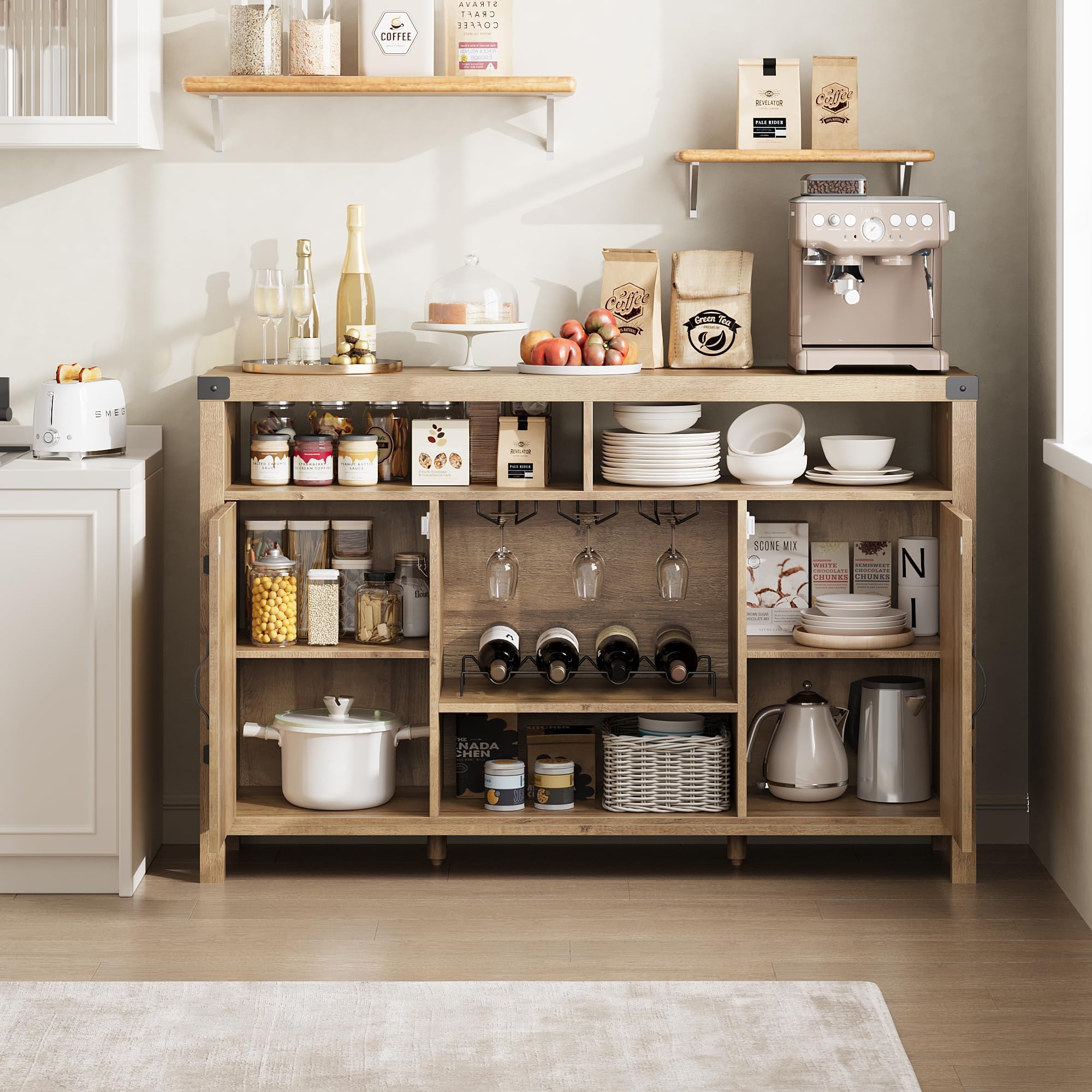 Farmhouse Wine Bar Cabinet with Adjustable Storage