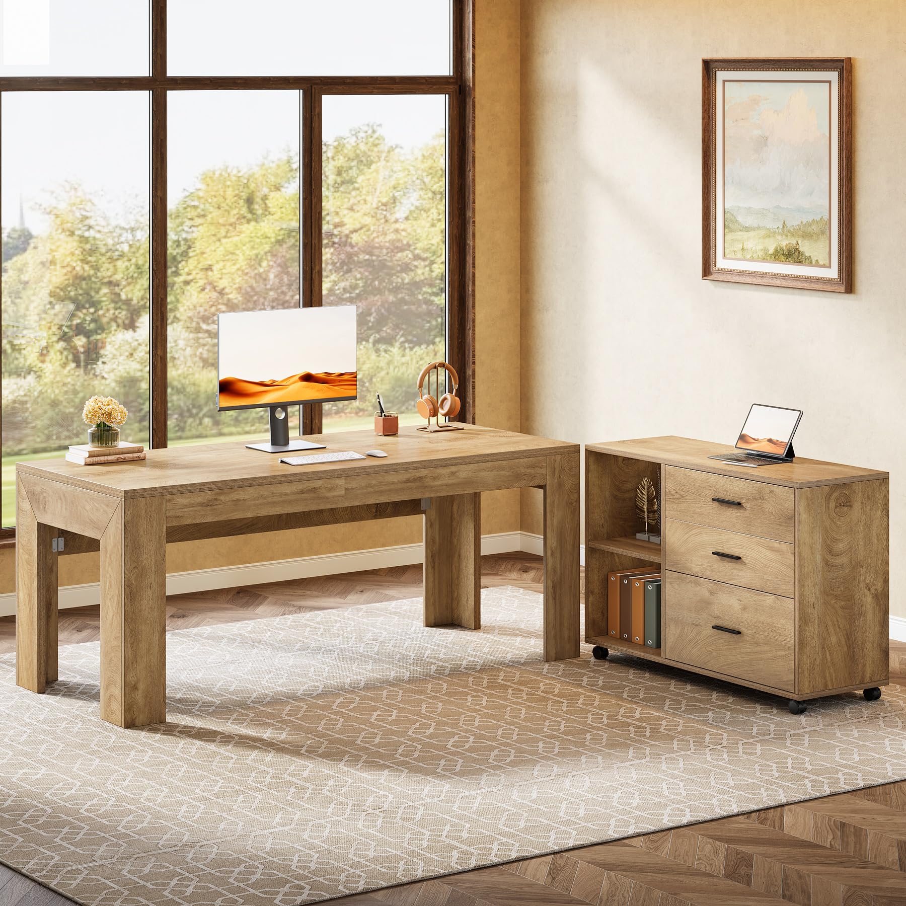 L-Shaped Executive Desk with File Cabinet
