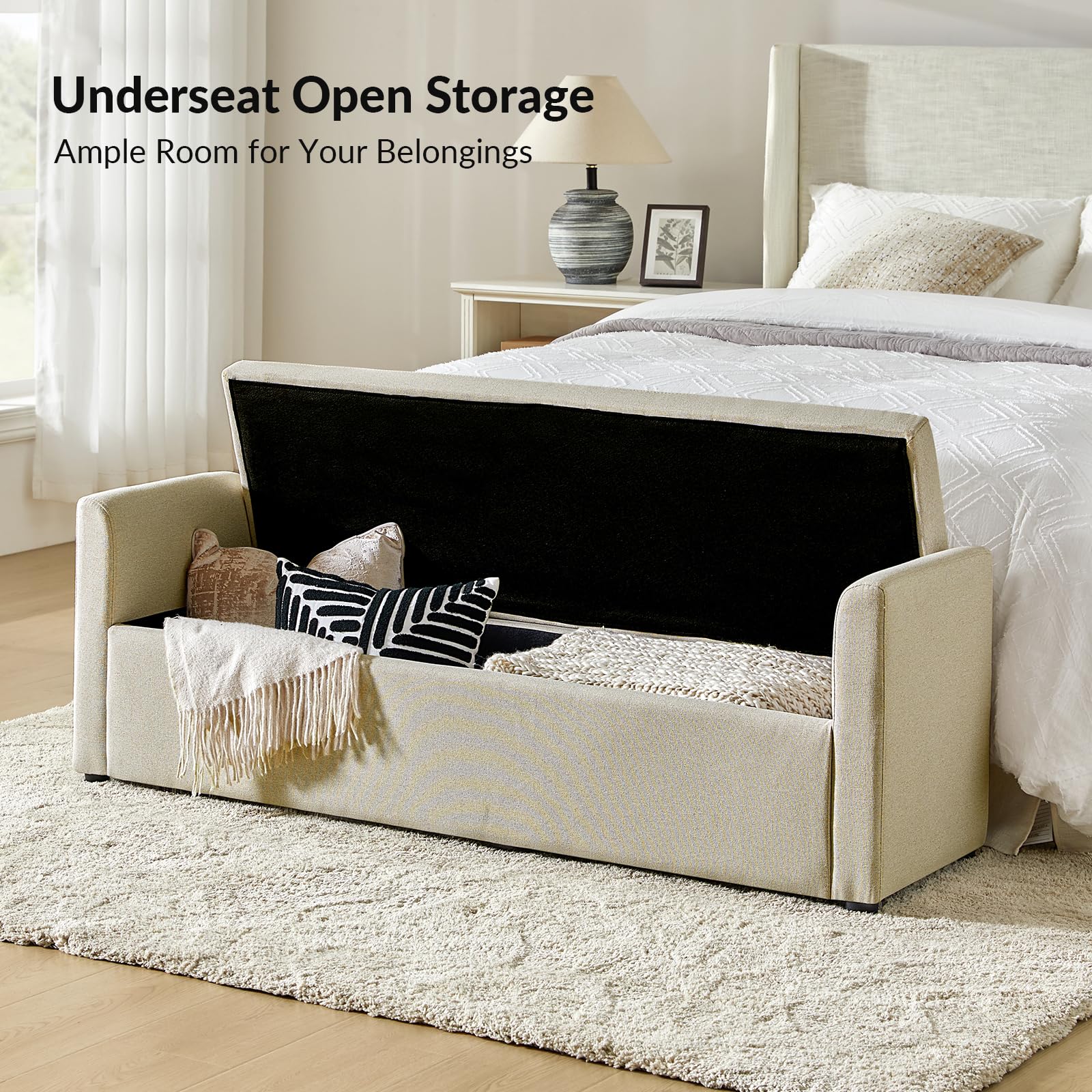59.4" Modern Storage Bench with Throw Pillows - Beige Upholstered Ottoman