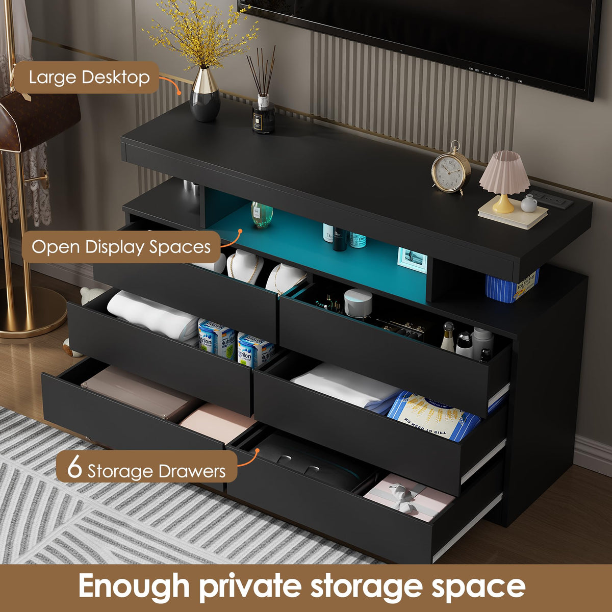 6 Drawer Dresser with Charging Station and LED Lights