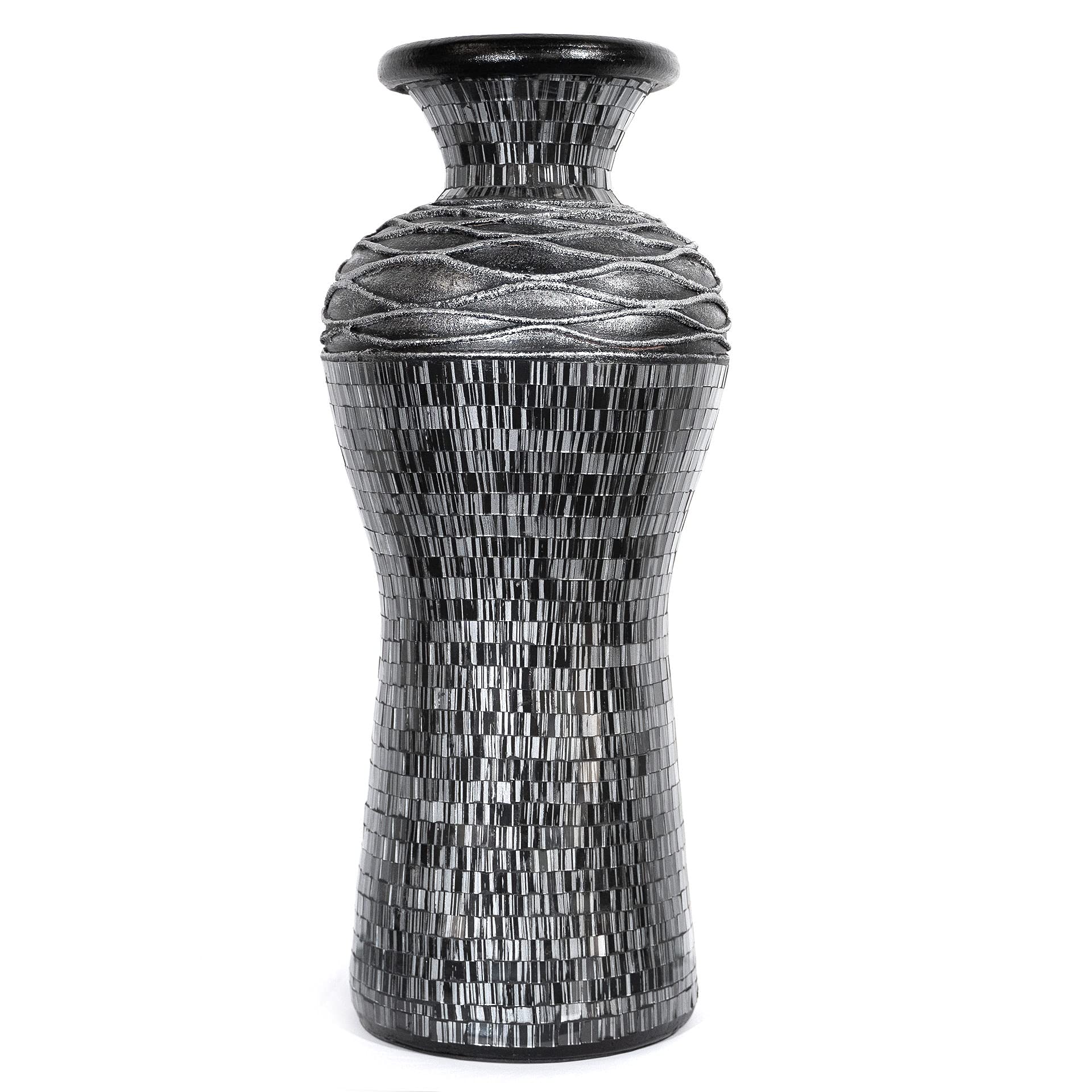 24 Inch Mosaic Floor Vase - Terracotta Cylinder with Grey and Black Glass