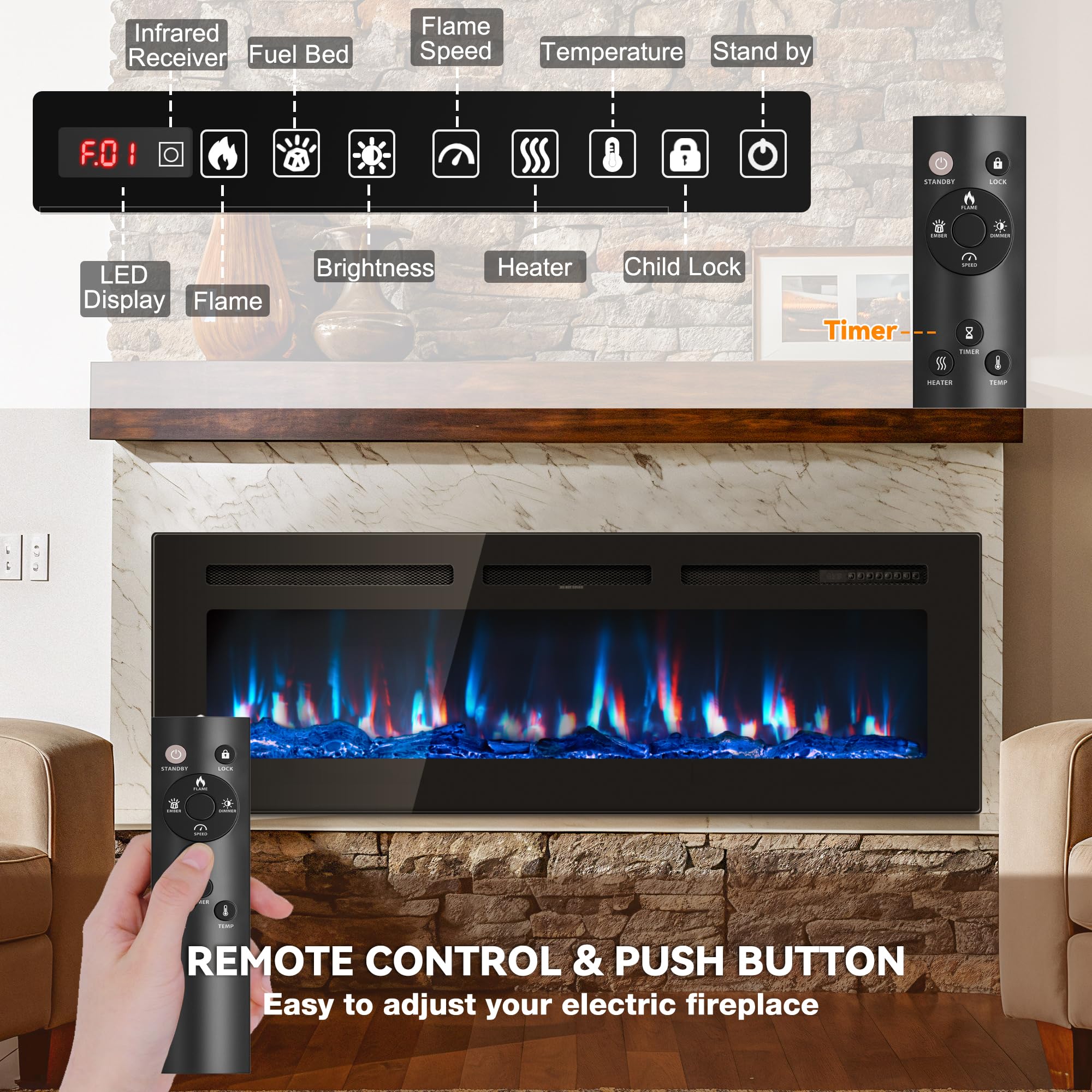 50 Inch Wall Mounted Electric Fireplace with Remote Control