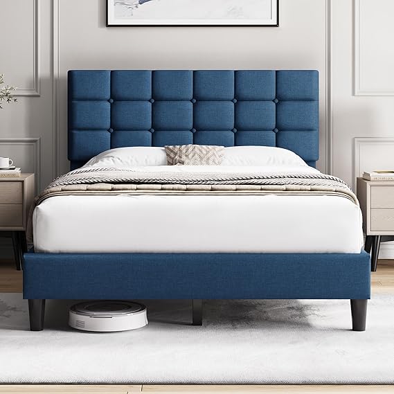 Upholstered Full Bed Frame with Adjustable Tufted Headboard