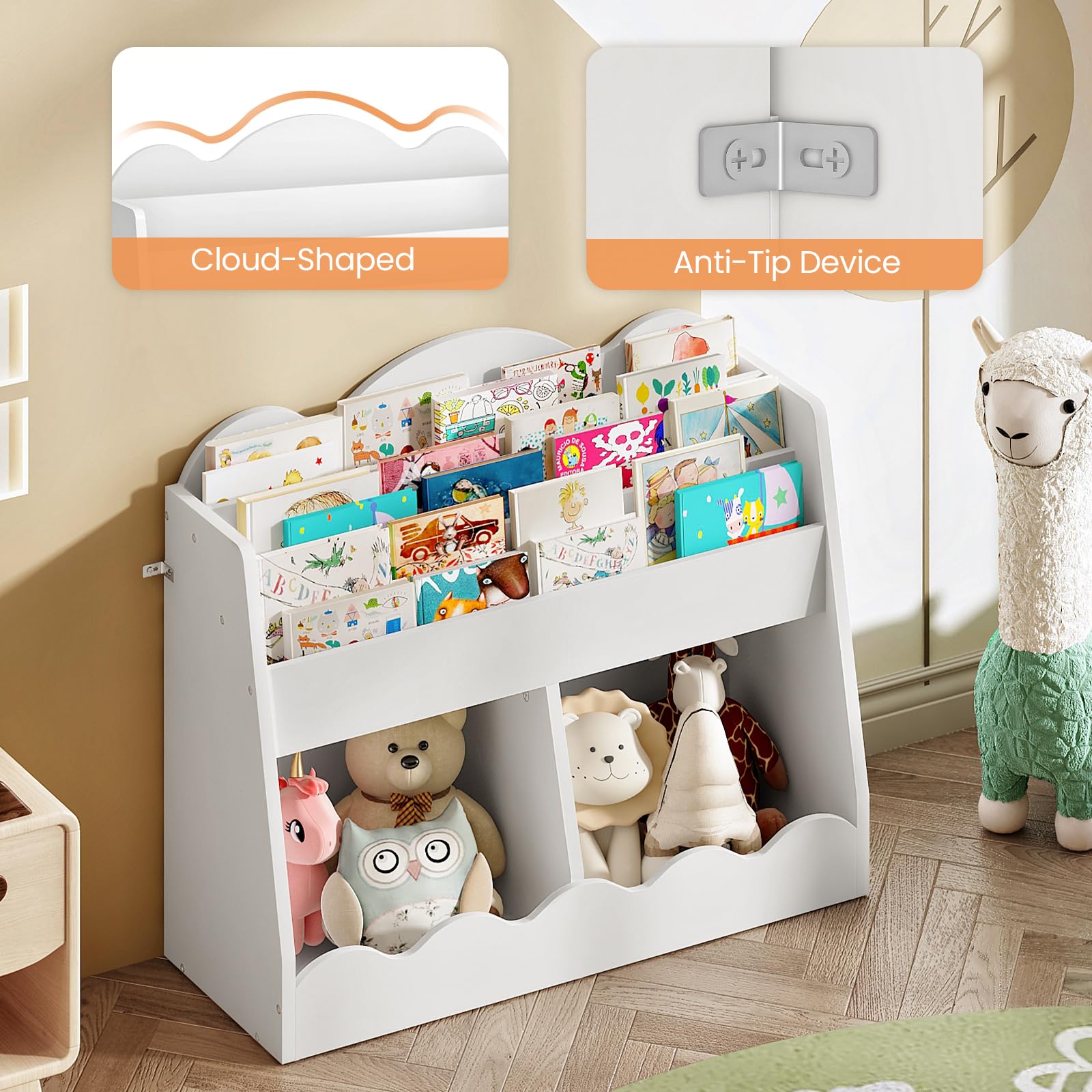 CHOEZON Kids Bookshelf and Toy Storage, Children's Bookcase with 2 Toy Cubes, Toddler Book Shelf for Kids Room, Wooden Book Organizer, for Playroom, Nursery, Living Room, White MCW15WB