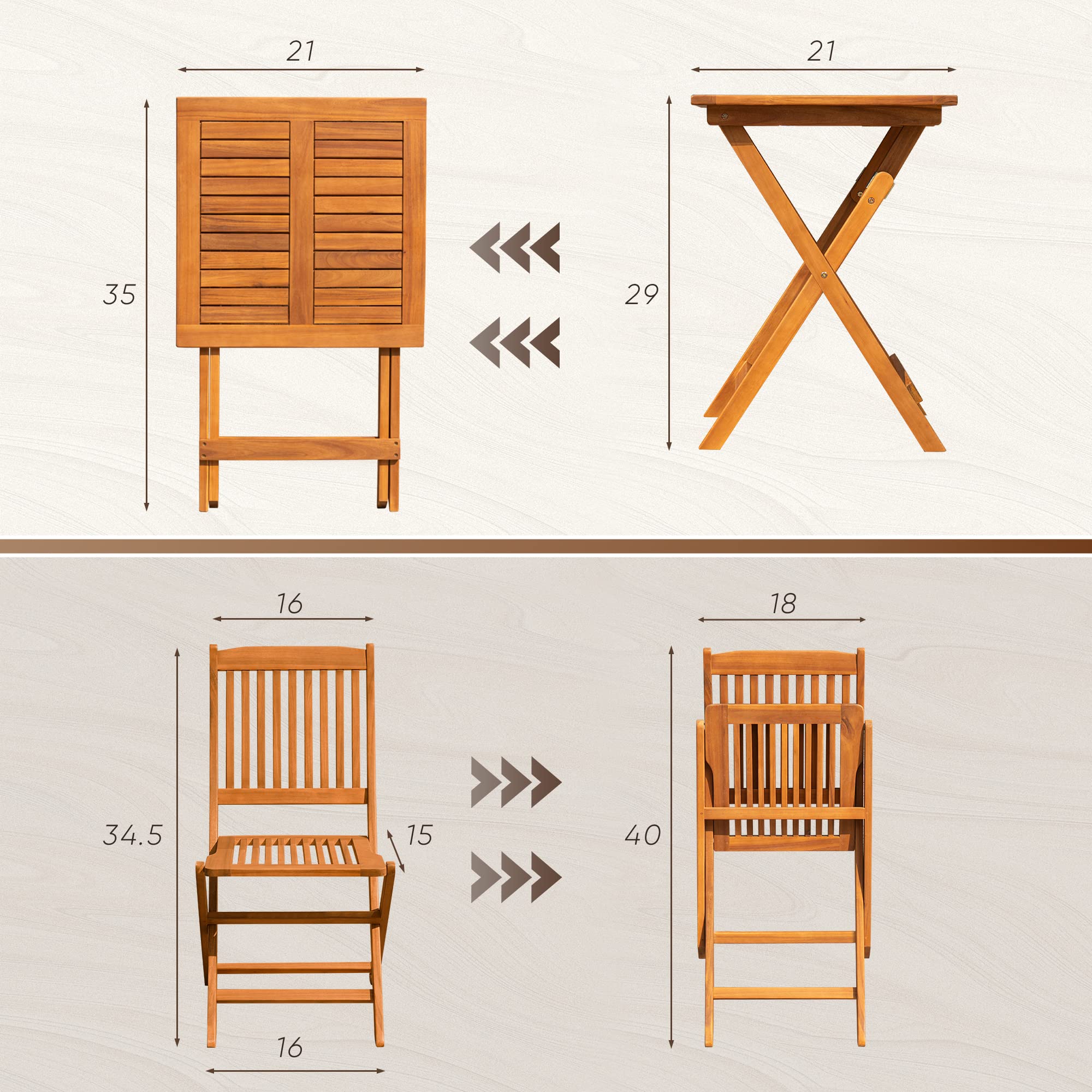 Folding Acacia Wood Bistro Set 3 Piece