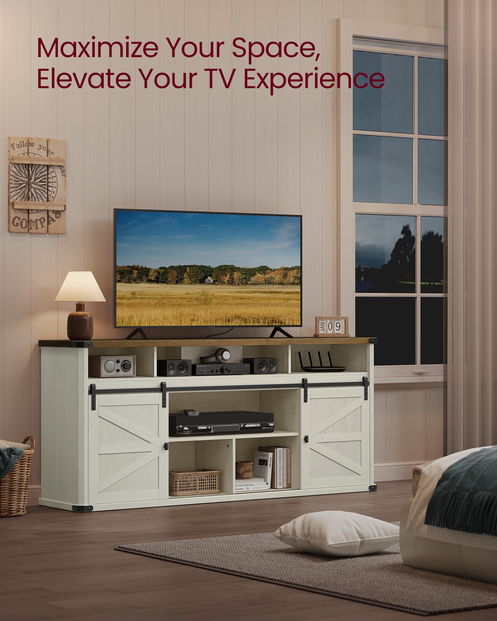 Farmhouse TV Stand with Sliding Barn Doors for 75 Inch TVs