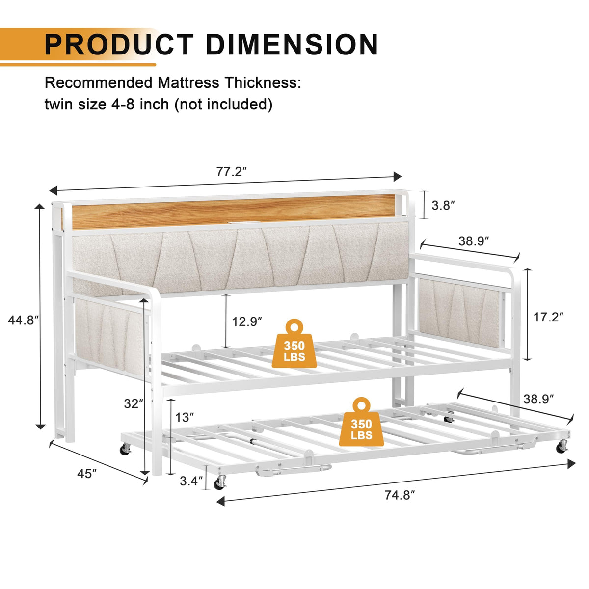 Twin Daybed with Trundle and Upholstered Headboard