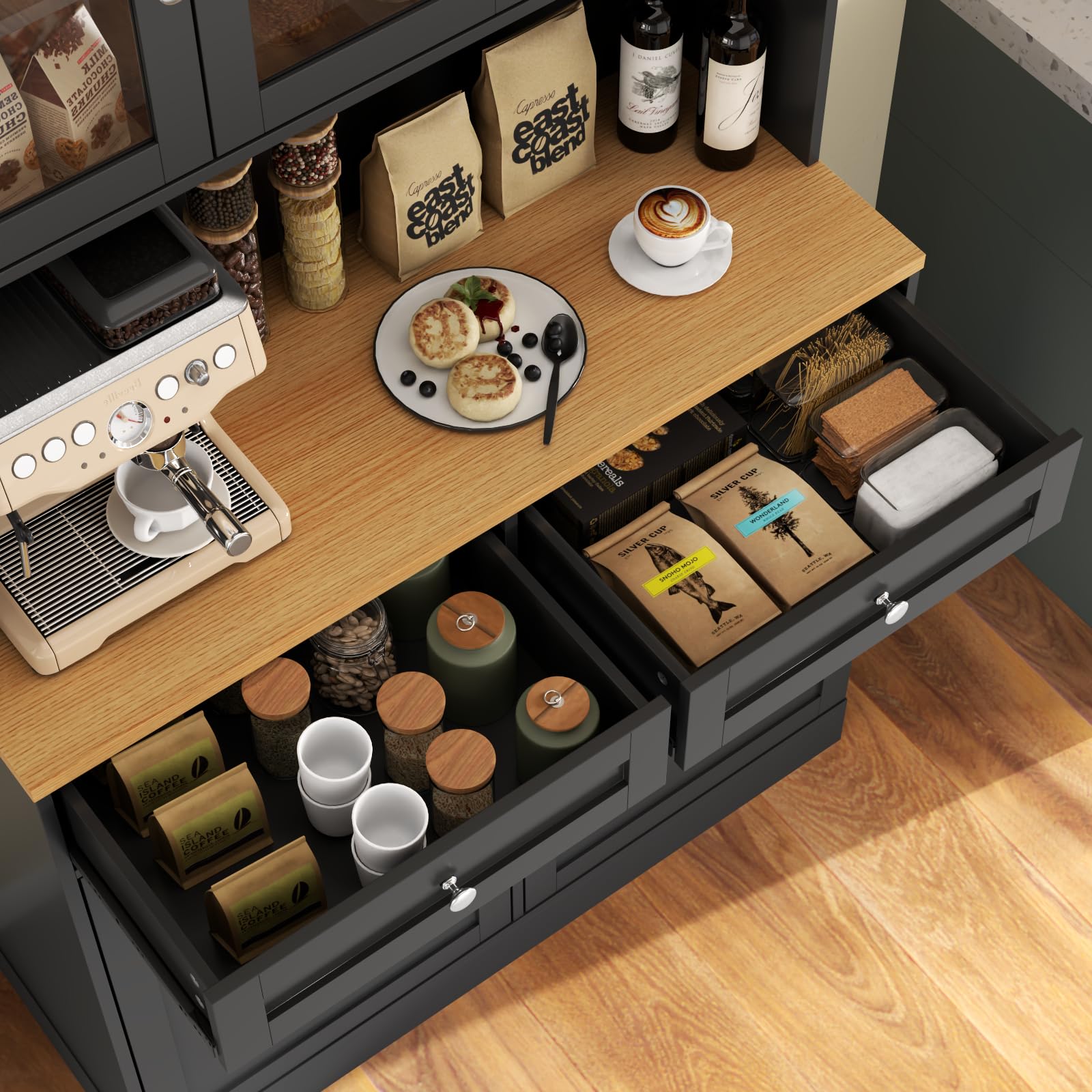 Kitchen Pantry Cabinet with Glass Doors