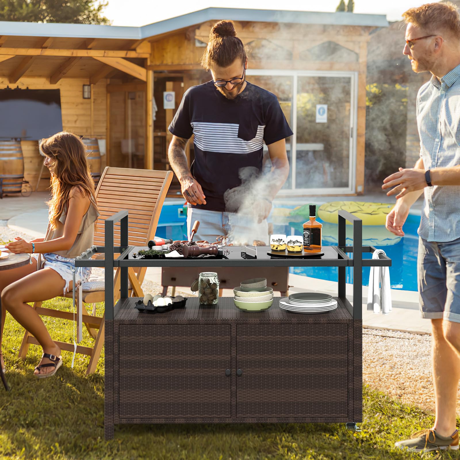 Outdoor Rolling Bar Cart with Tempered Glass Top