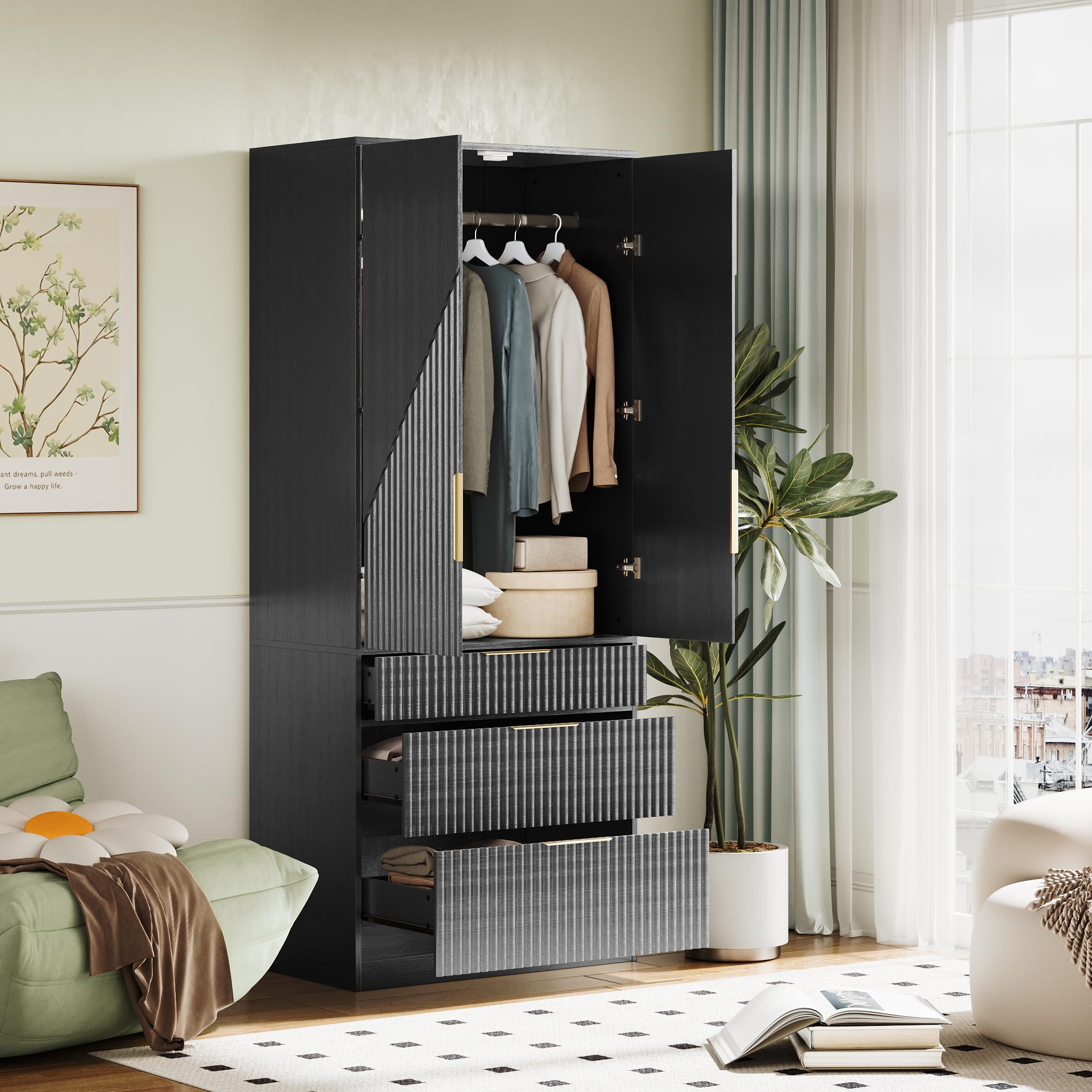 Wardrobe Armoire with 2 Doors and 3 Drawers