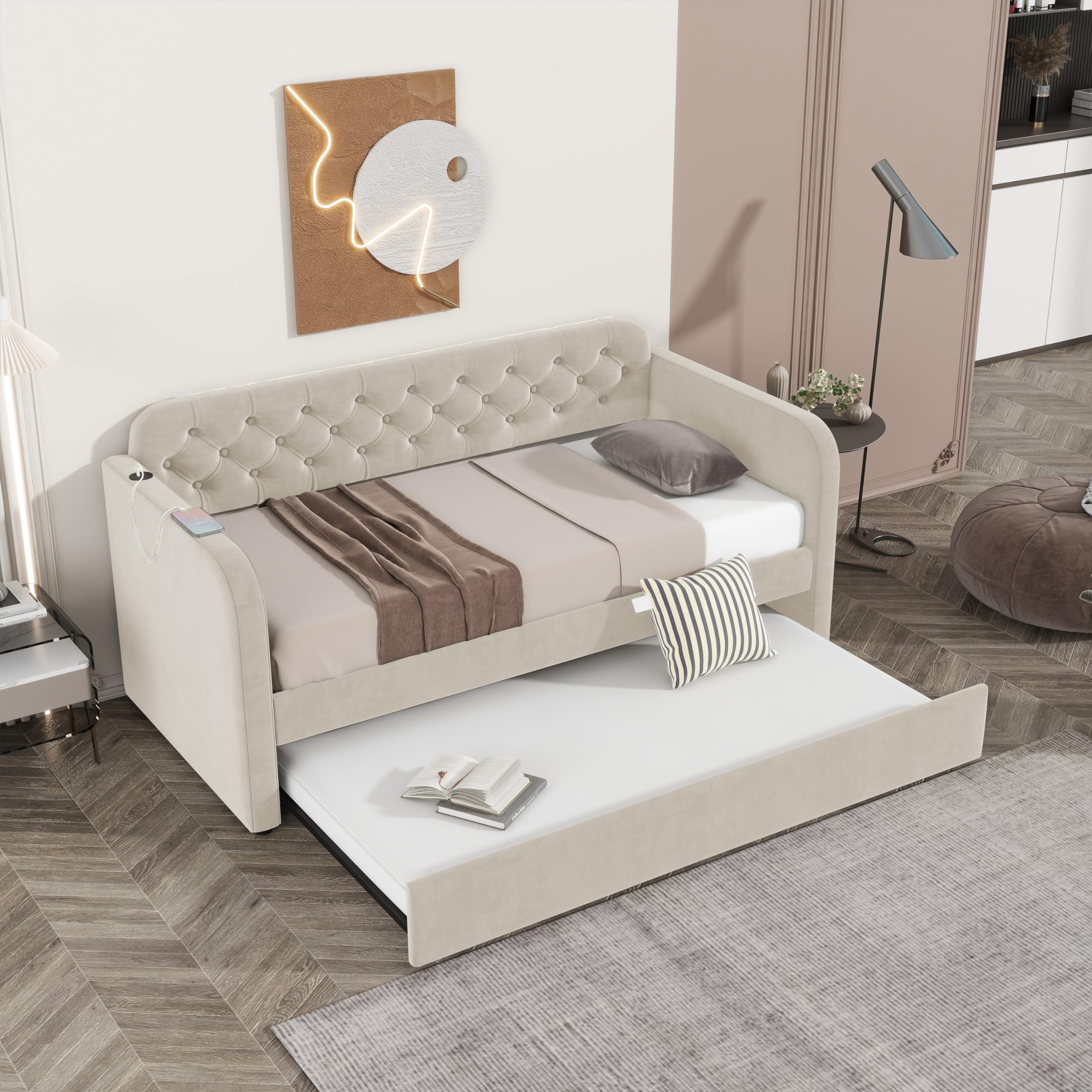 Twin Size Upholstered Daybed with Trundle and USB Ports