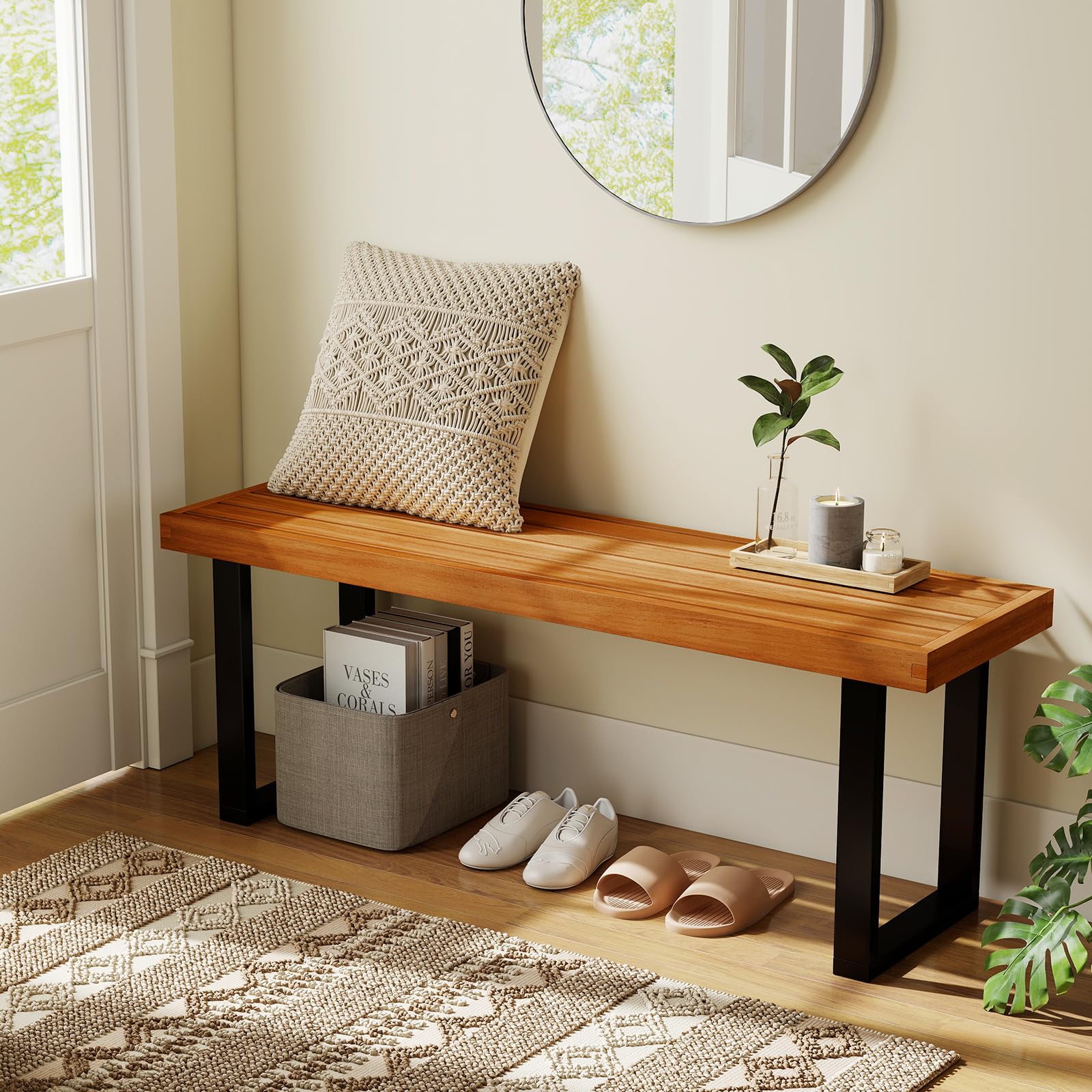 48" Acacia Wood Outdoor Bench with Slatted Seat