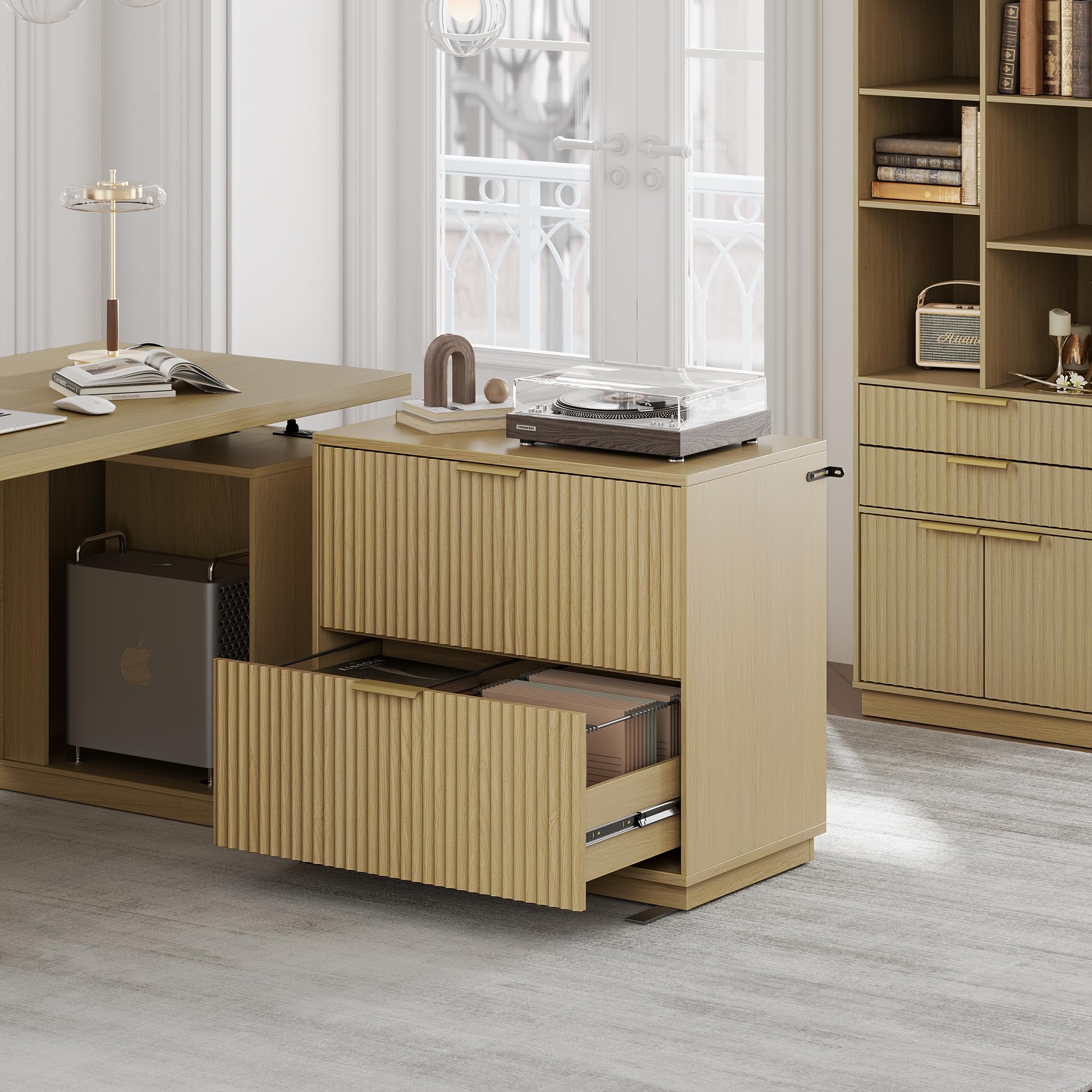 Perledesign 2 Drawer Fluted File Cabinet, 32'' Lateral File Cabinet for Legal/Letter/A4/F4 Size Hanging Files, Wood File Storage for Home Office, Light Walnut