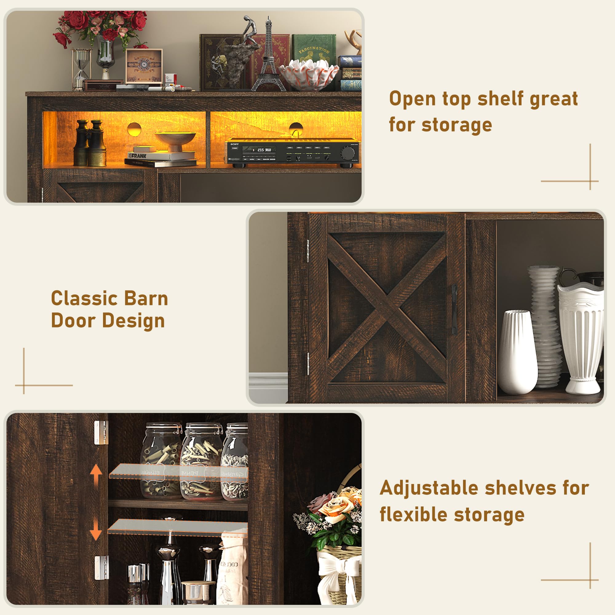 Farmhouse TV Stand for 70-80 Inch TV with LED Light and Barn Doors