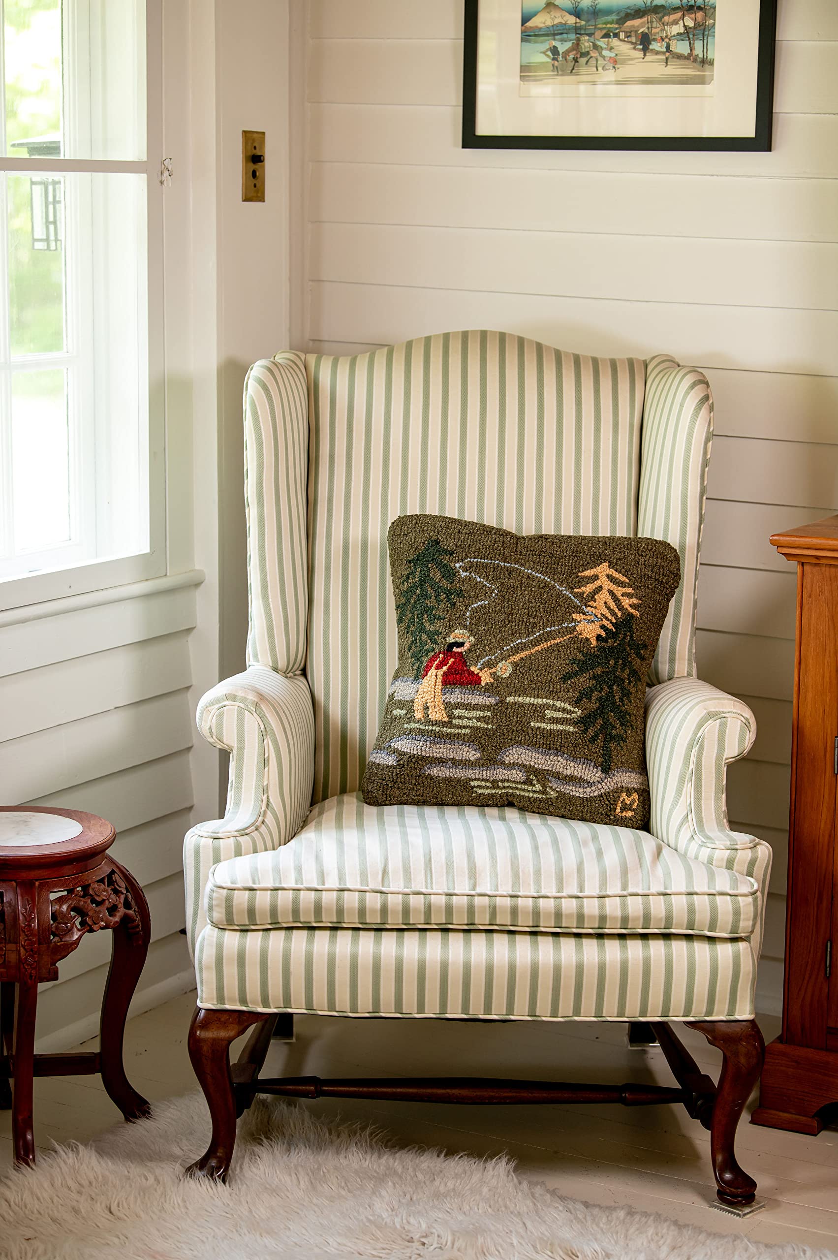 Hand-Hooked Wool Fly Fisherman Throw Pillow 18x18