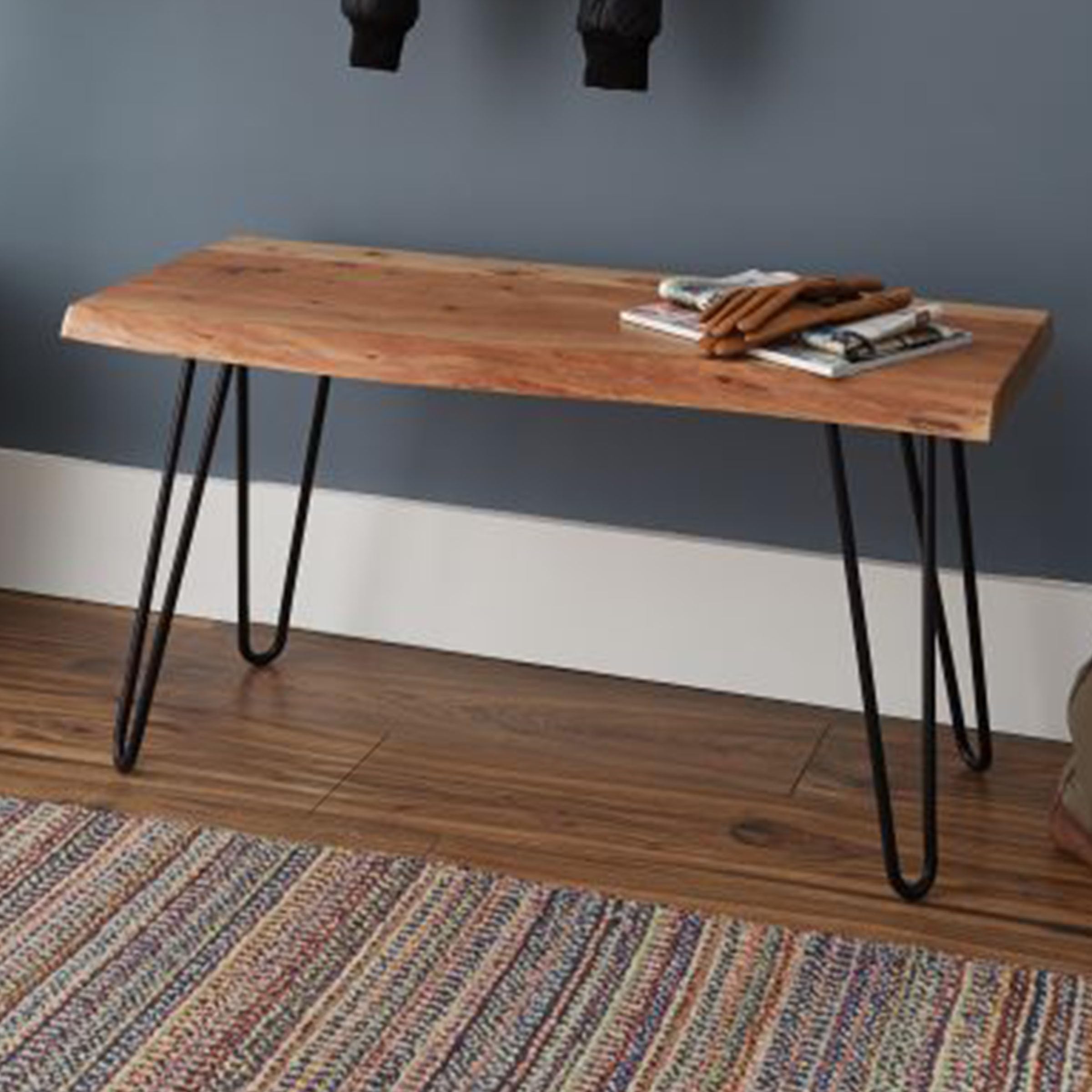 Live Edge Solid Wood Bench with Metal Hairpin Legs 36 Inch