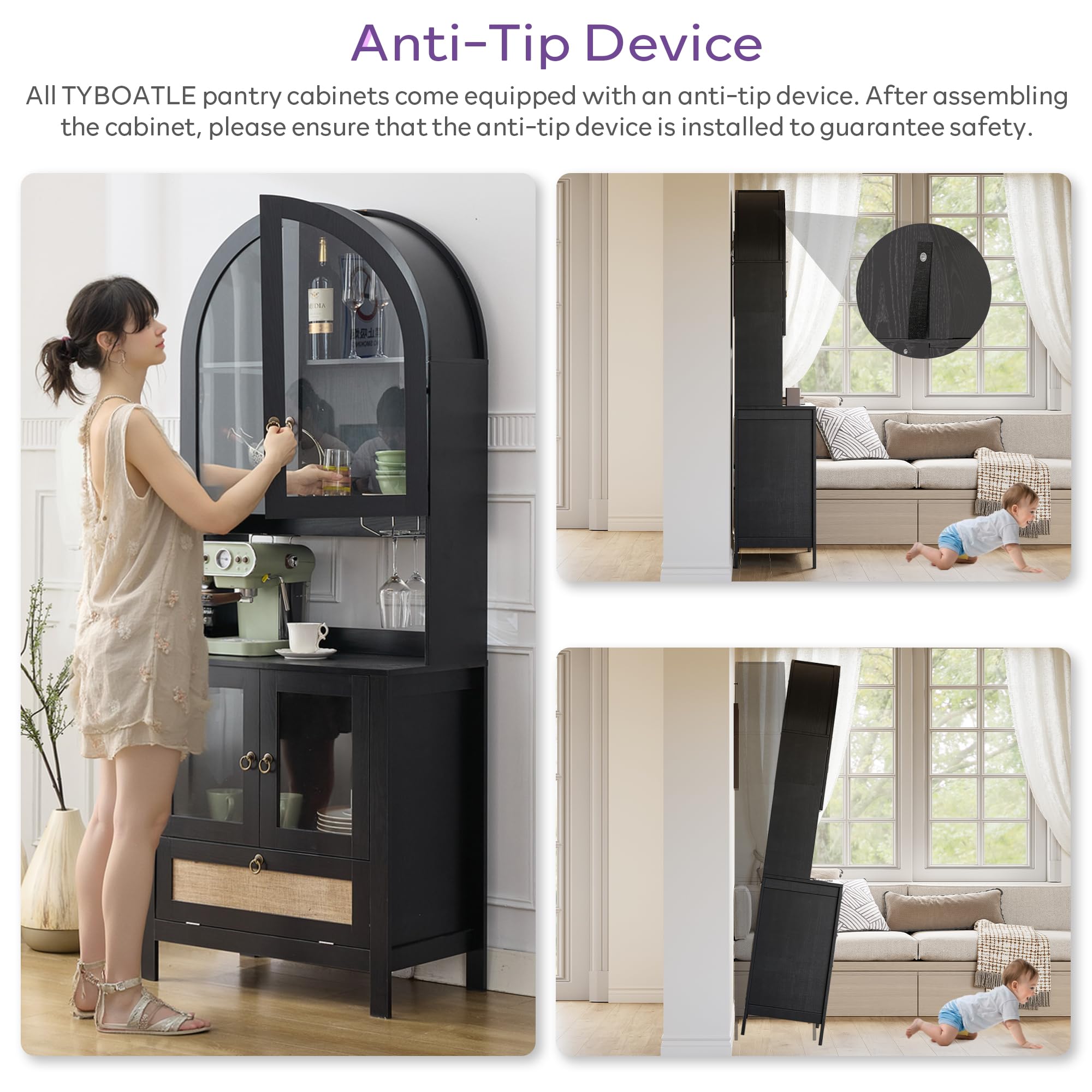 75" Tall Arched Pantry Cabinet with Glass Door