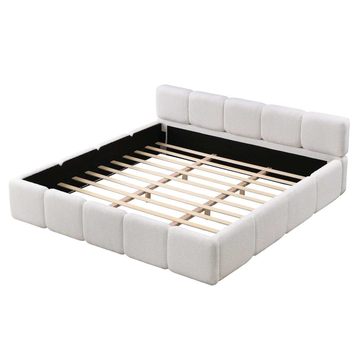 King Size Boucle Platform Bed with Thick Headboard