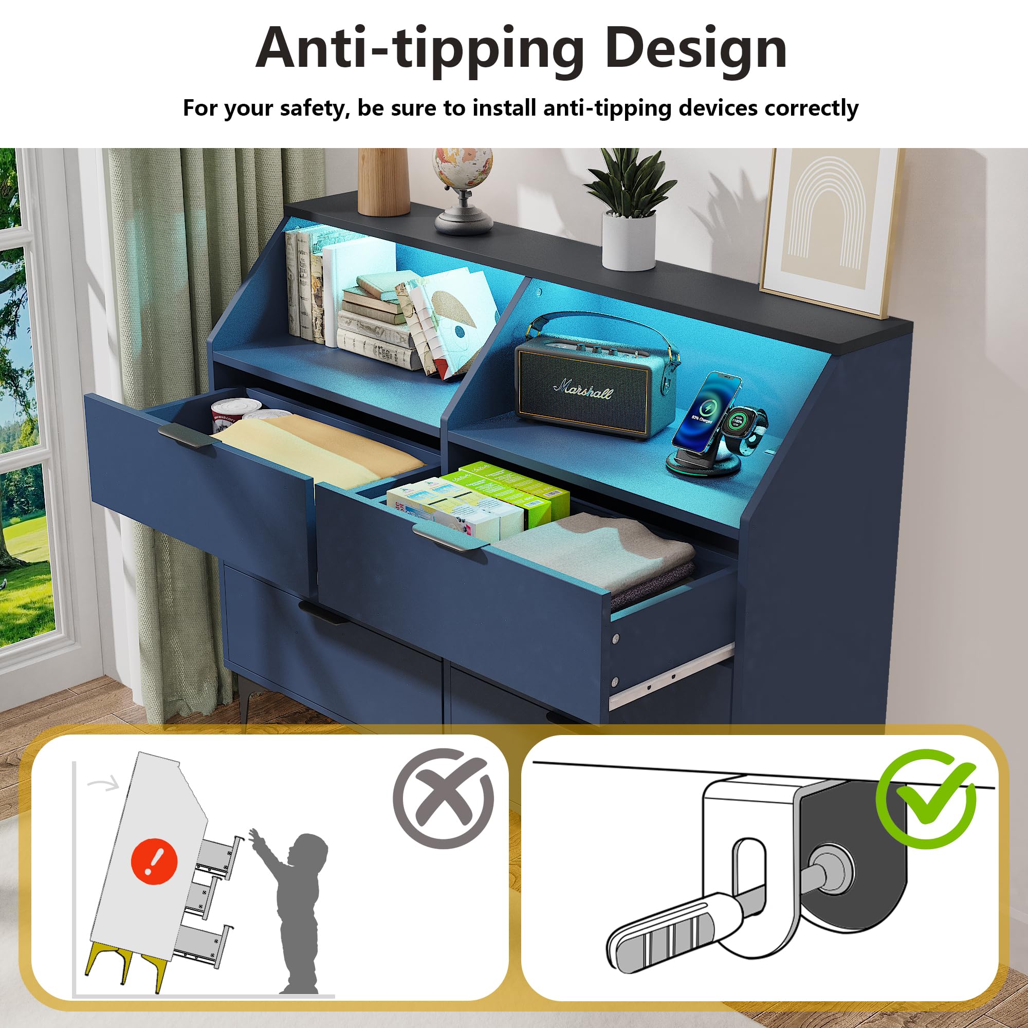 6 Drawer Dresser with LED Light and Charging Station